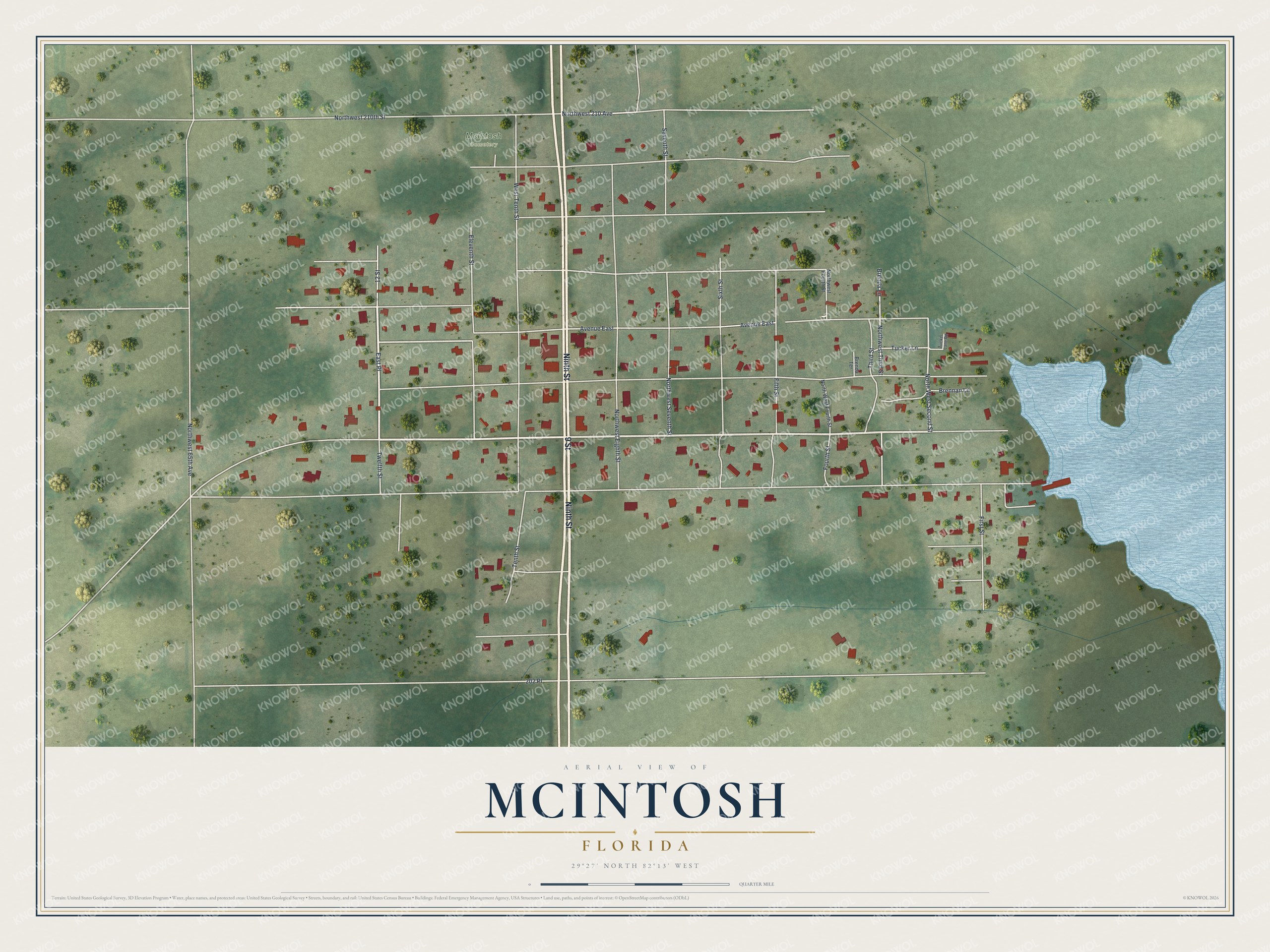 Map of McIntosh, Florida, with Ninth Street, Twelfth Street and McIntosh Cemetery