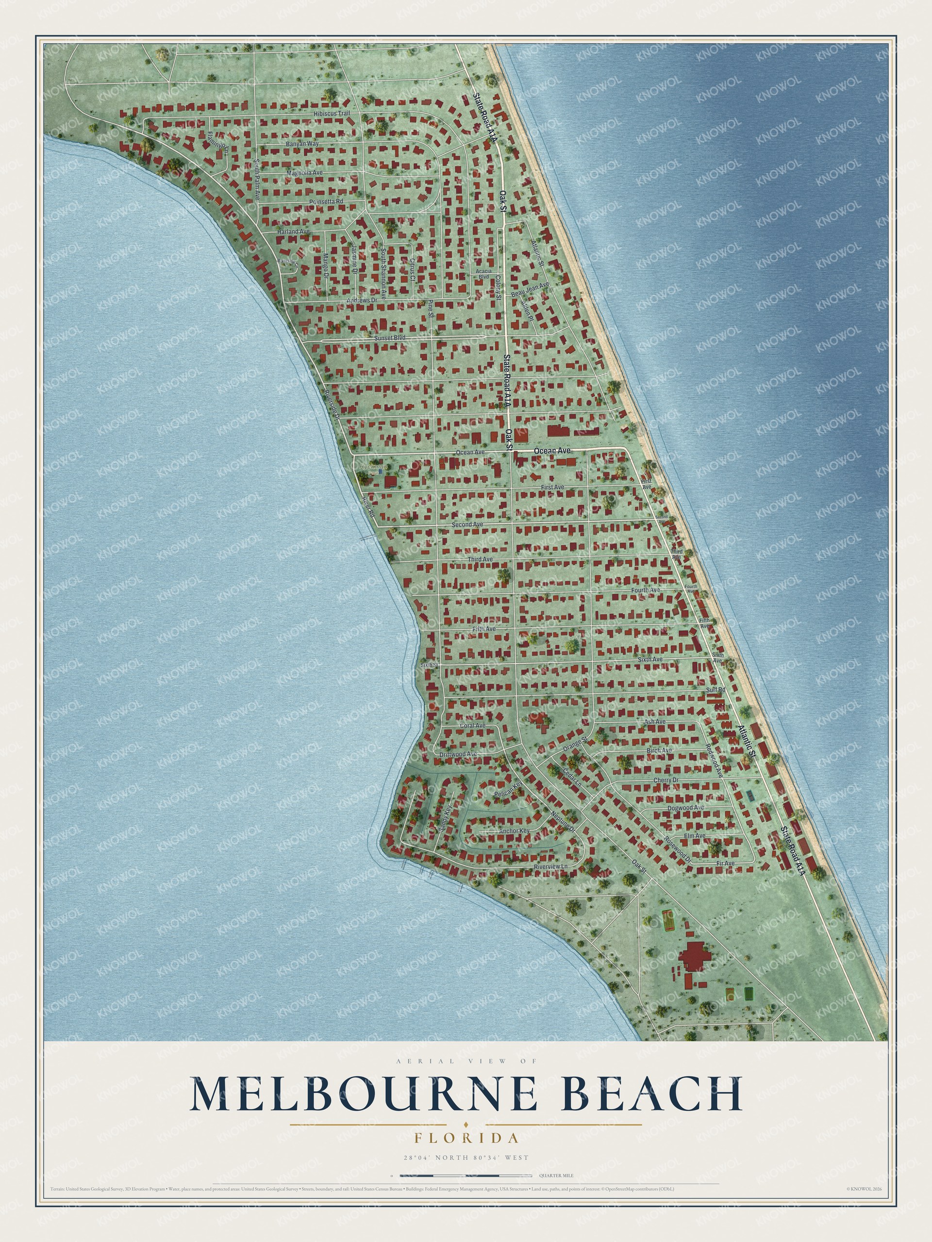Map of Melbourne Beach, Florida, with Ocean Avenue, Riverside Drive and Ryckman Park