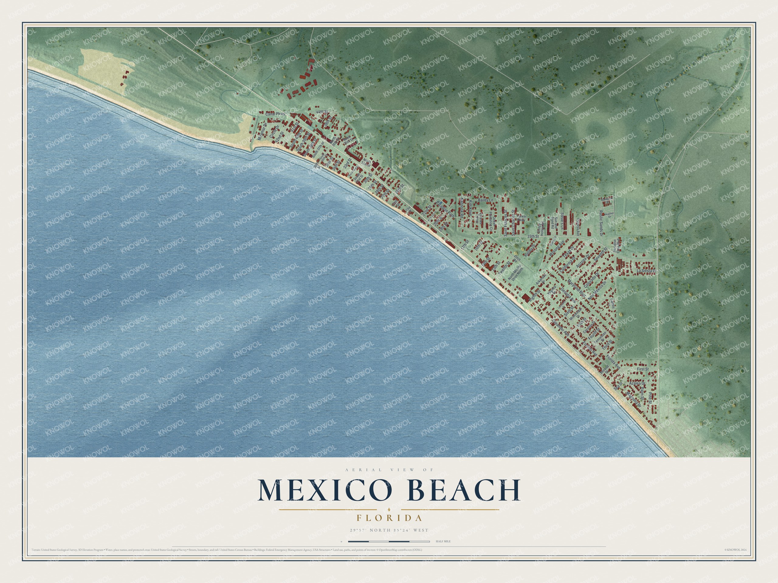 Map of Mexico Beach, Florida, from Georgia Avenue to Seventh Street