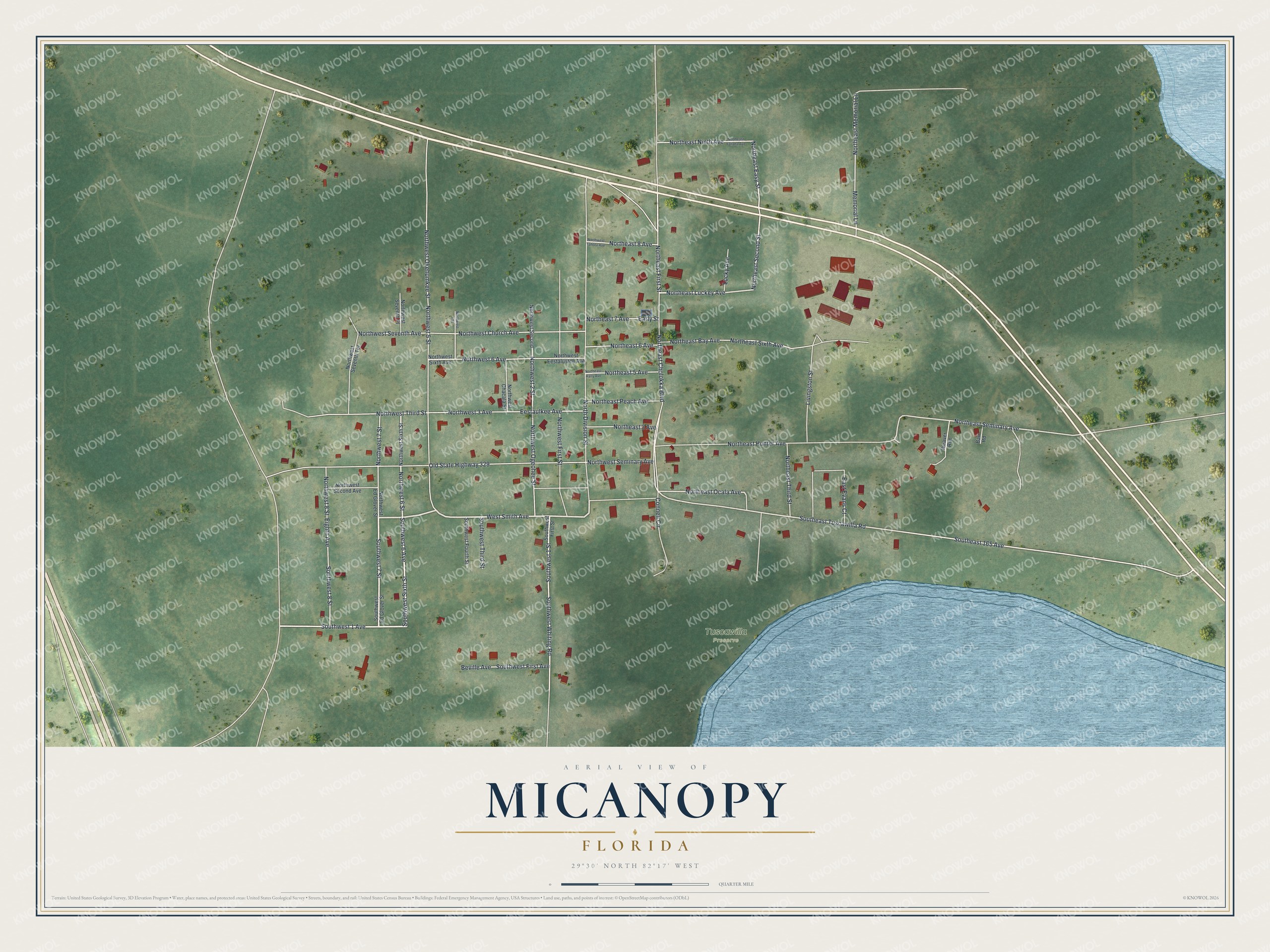 Map of Micanopy, Florida, with Cholokka Boulevard, Smith Avenue and Tuscawilla Preserve