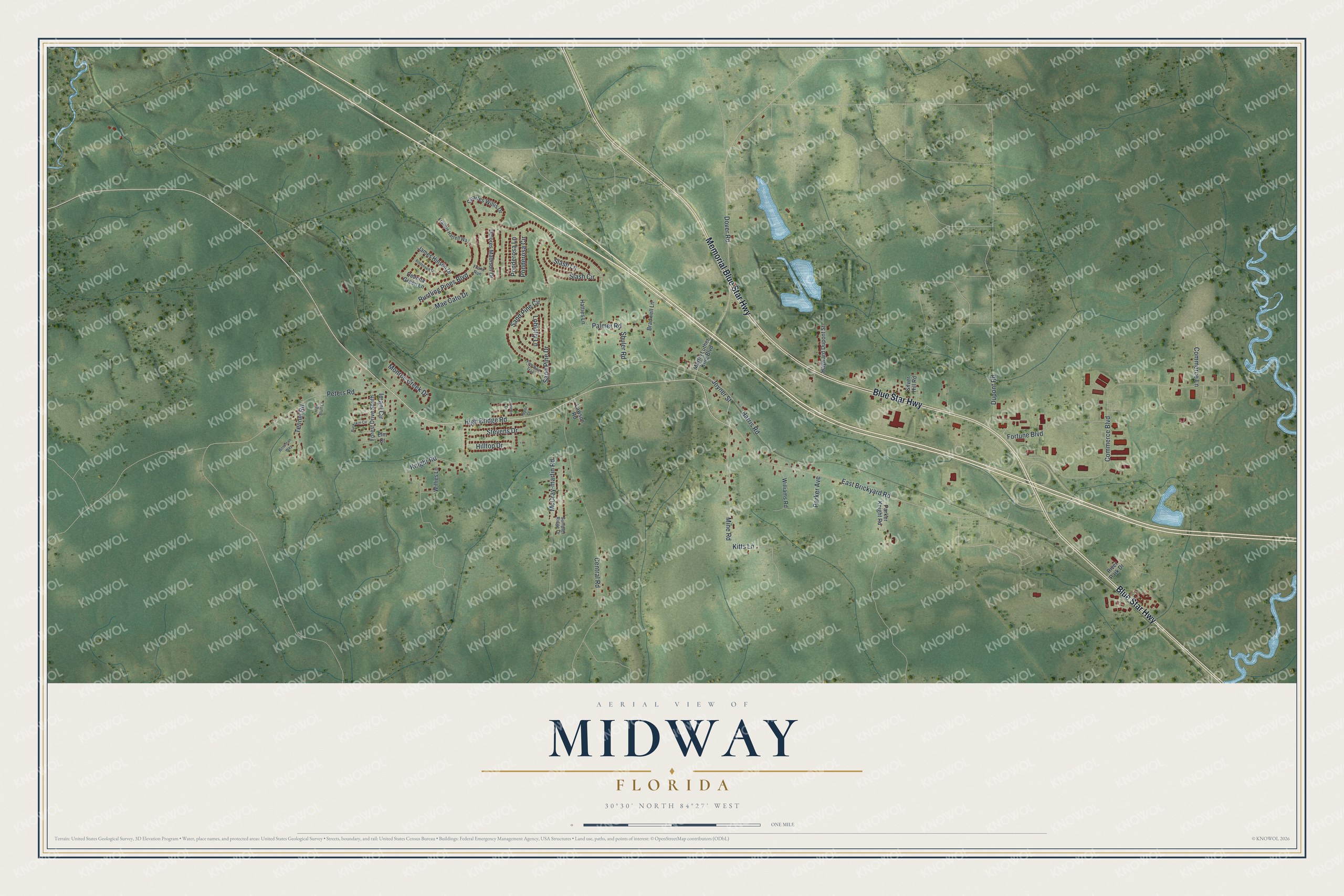 Map of Midway, Florida, with Blue Star Highway, Joyner Street and High Bridge Road