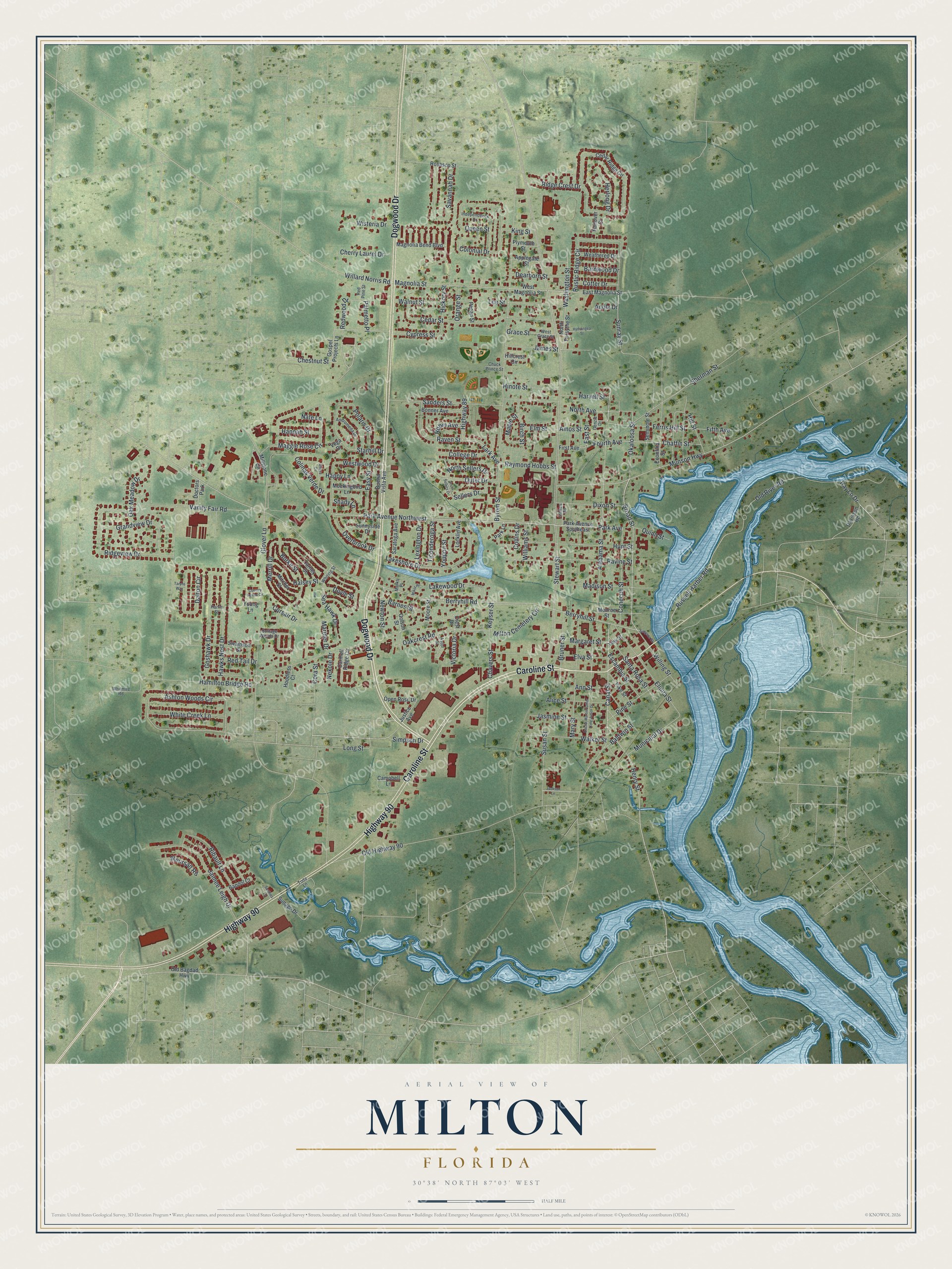 Map of Milton, Florida, with Caroline Street and Berryhill Street