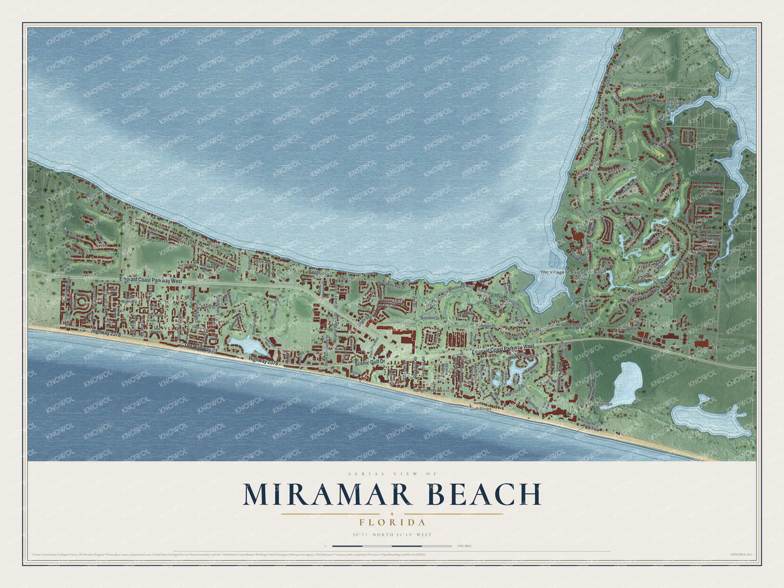 Map of Miramar Beach, Florida, with Scenic Gulf Drive, Emerald Coast Parkway, Sandestin and The Village of Baytowne Wharf