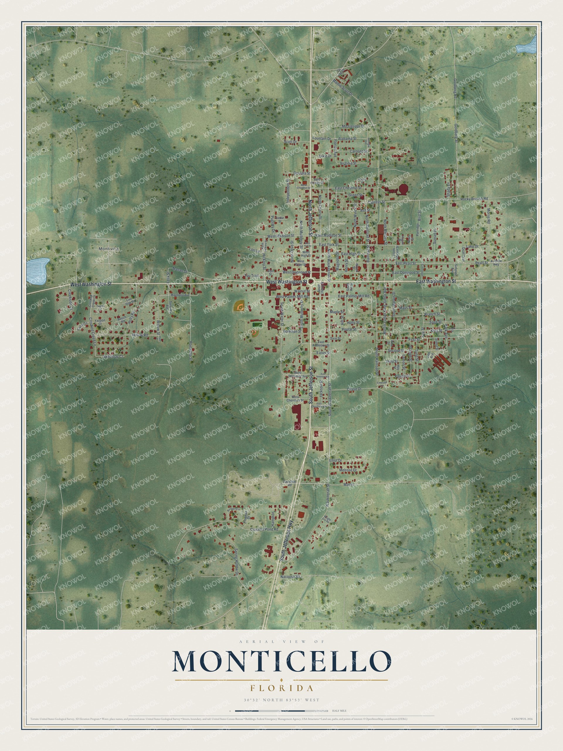 Map of Monticello, Florida, with Washington Street, Jefferson Street and Roseland Cemetery