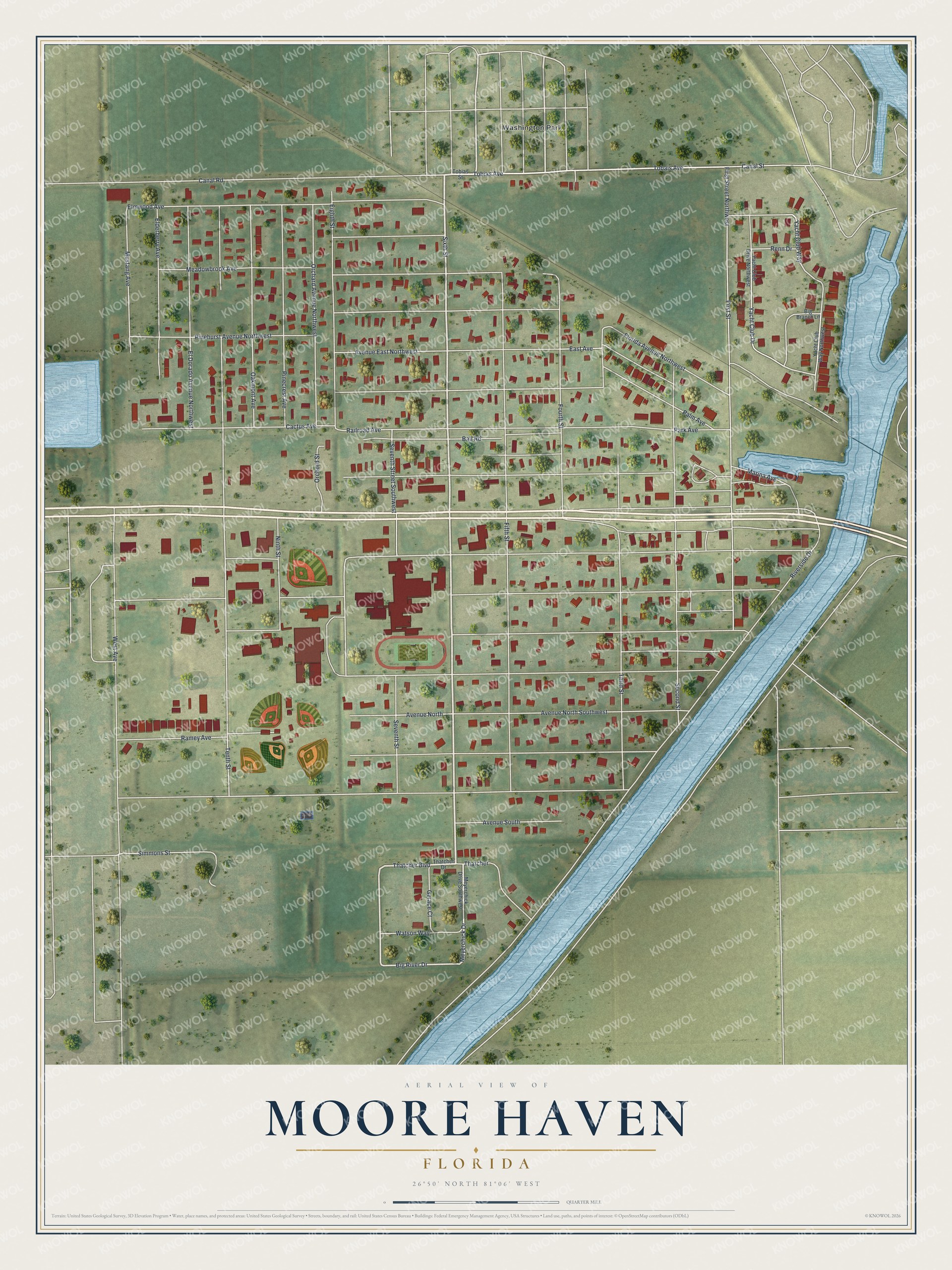 Map of Moore Haven, Florida, with Canal Street, Riverside Drive and Washington Park