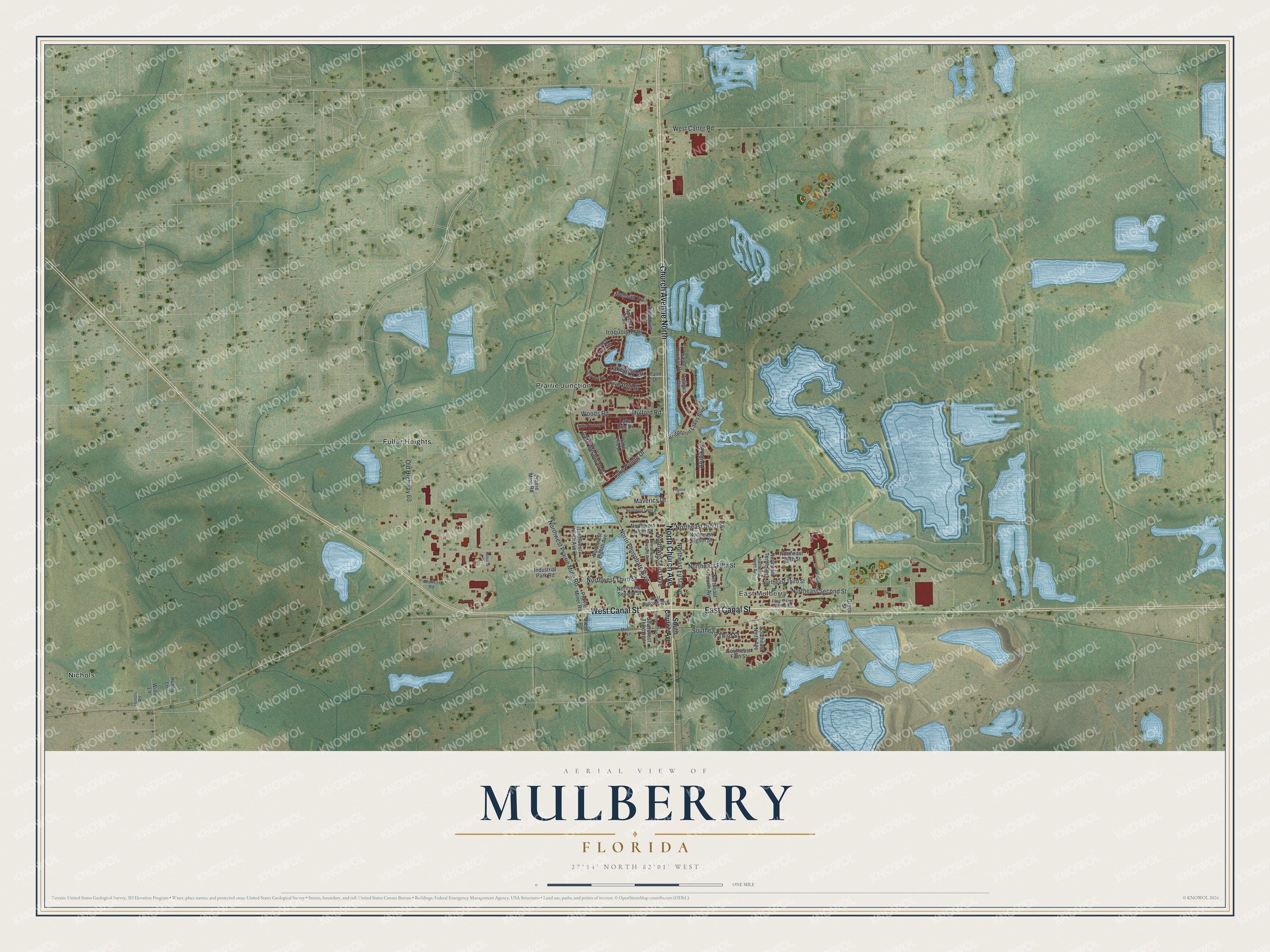 Map of Mulberry, Florida, with Phosphate Boulevard, Church Avenue, Prairie Junction and East Mulberry