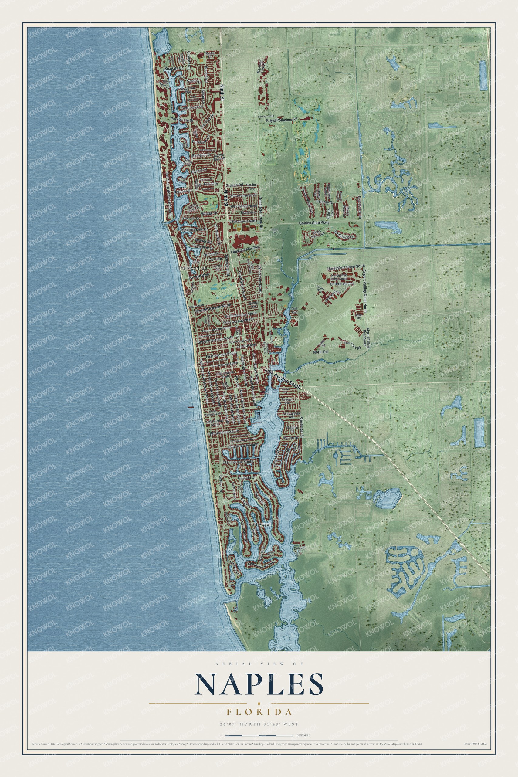 Map of Naples, Florida, showing Gulf Shore Boulevard, The Moorings, Port Royal and Goodlette-Frank Road