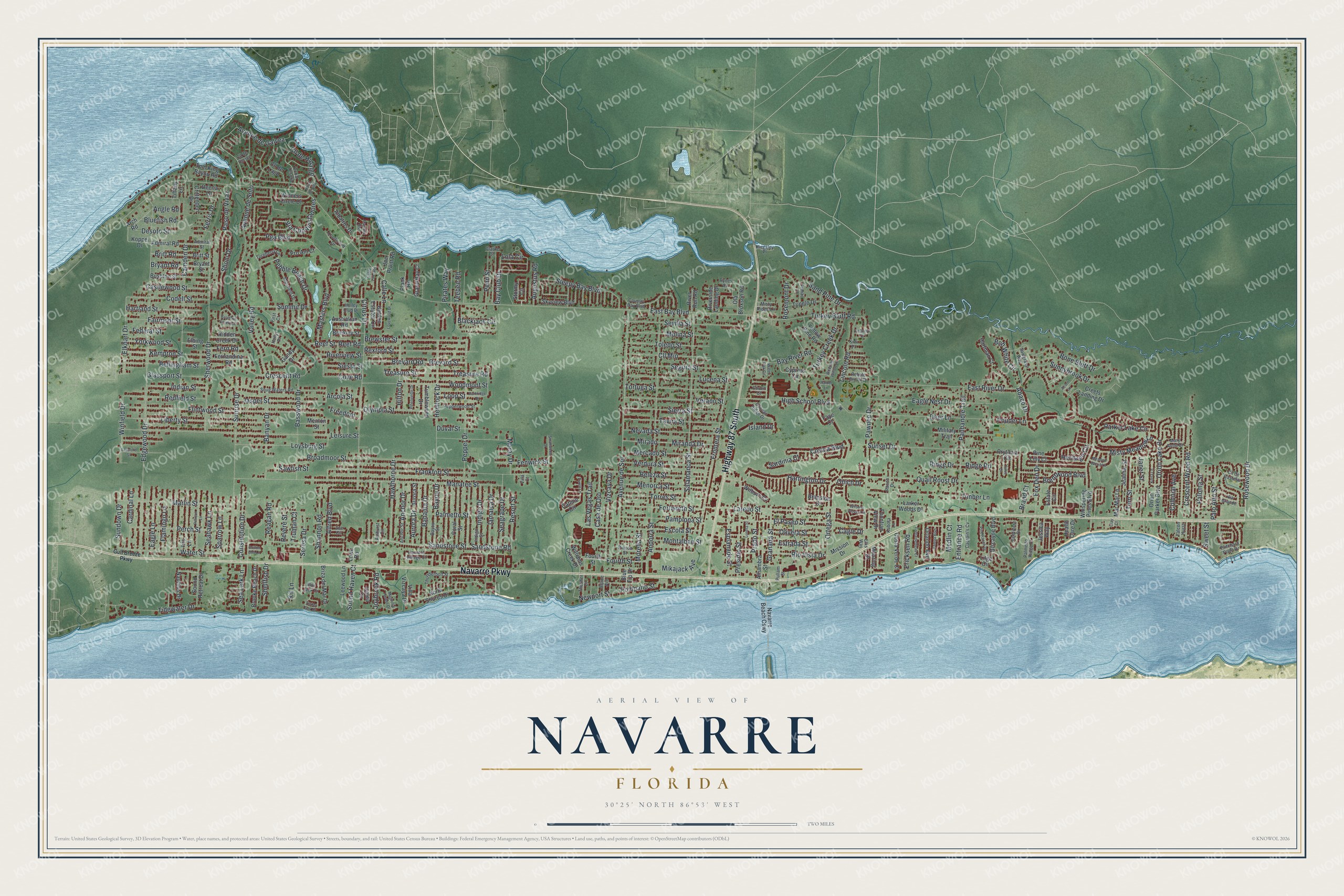 Map of Navarre, Florida, with Navarre Parkway, Highway 87 South, East Bay Boulevard and Gulf Breeze Parkway