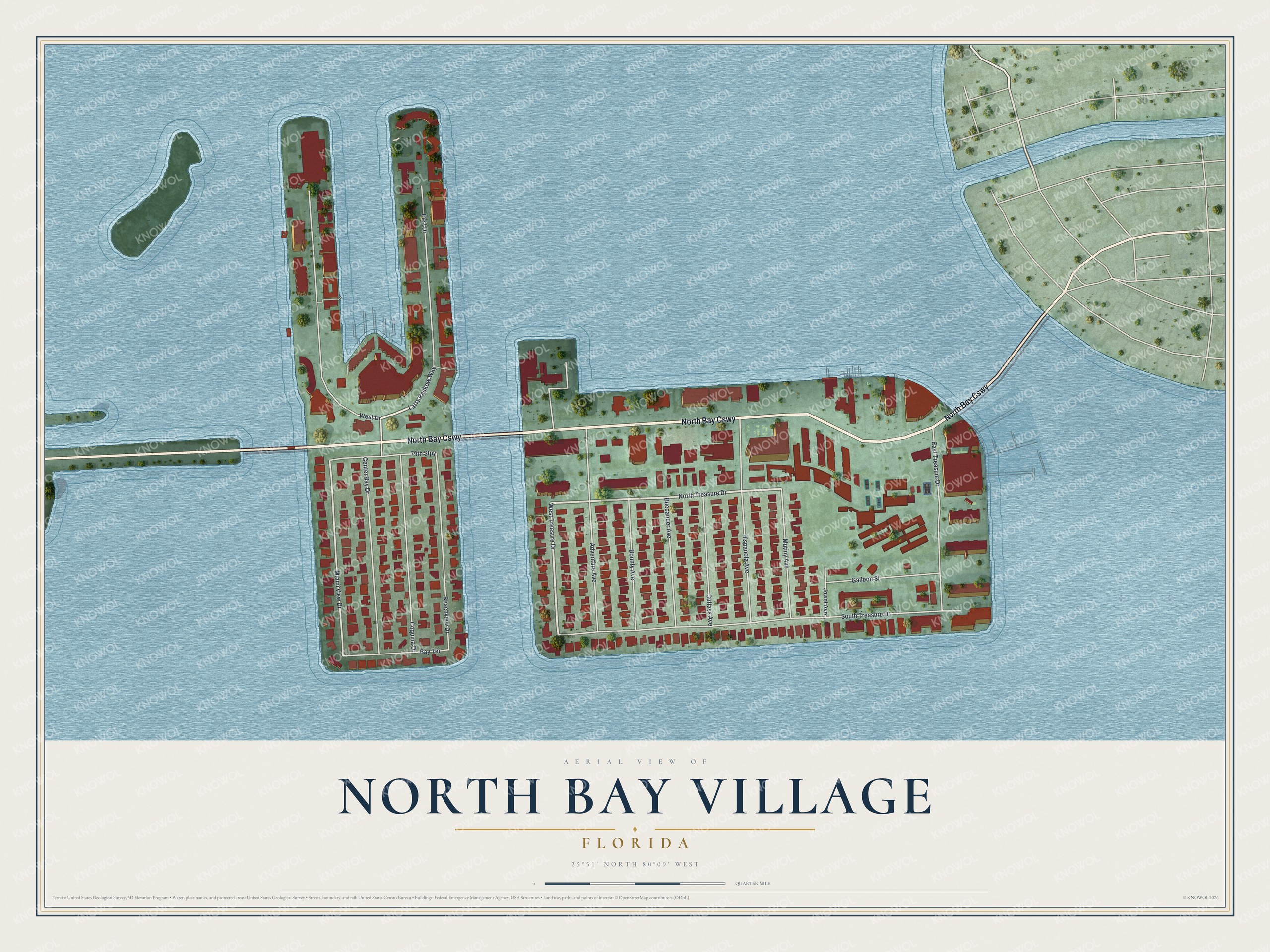 Map of North Bay Village, Florida, with Larry Paskow Way, Treasure Drive, Miami View Drive and Hispanola Avenue