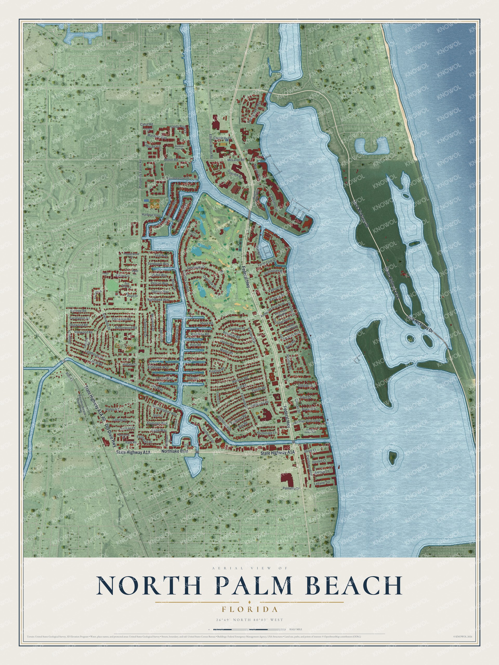 Map of North Palm Beach, Florida, with Northlake Boulevard, Lighthouse Drive, Old Dixie Highway and Anchorage Park