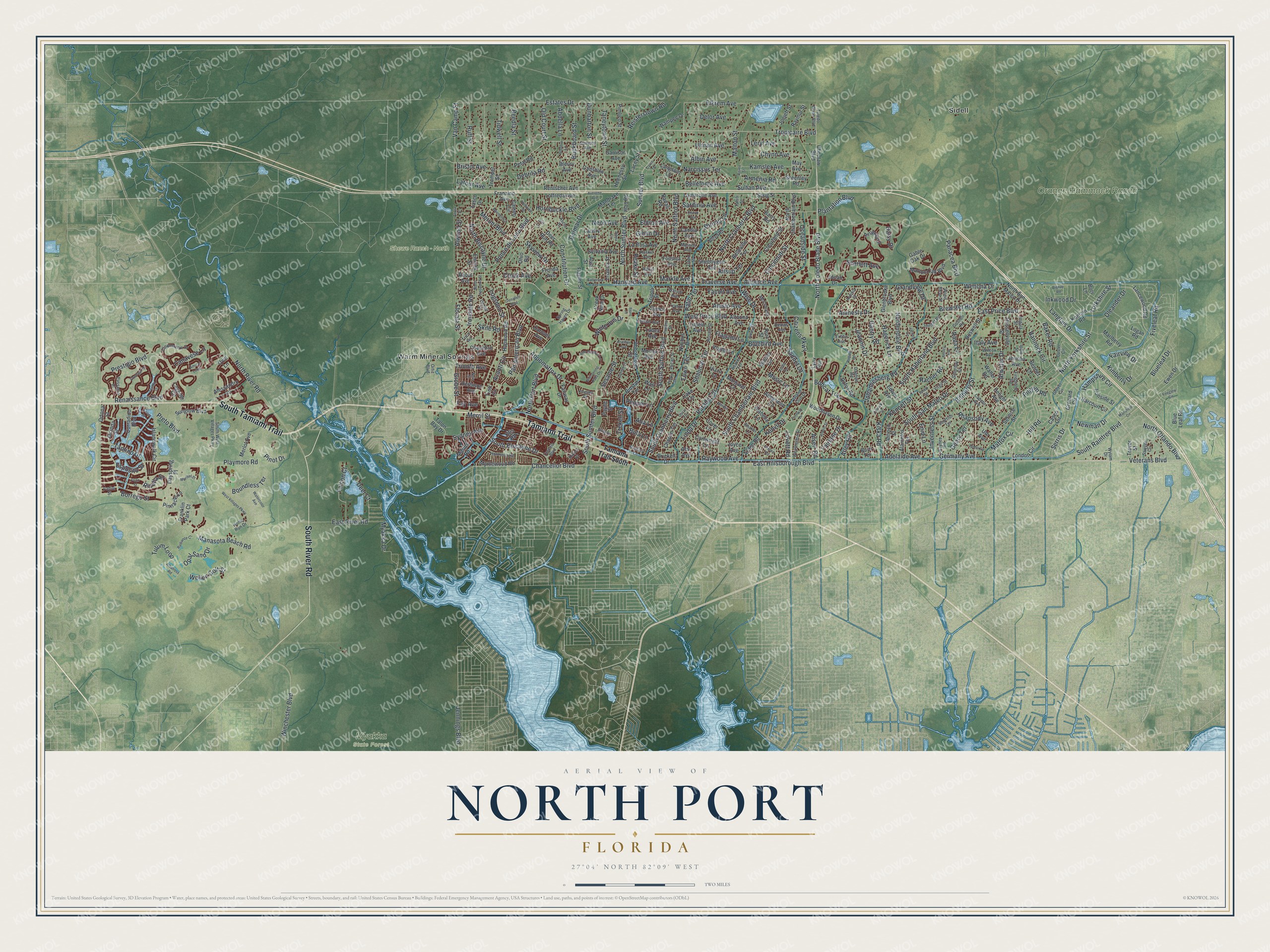 Map of North Port, Florida, with Tamiami Trail, Toledo Blade Boulevard, Warm Mineral Springs and Myakka State Forest