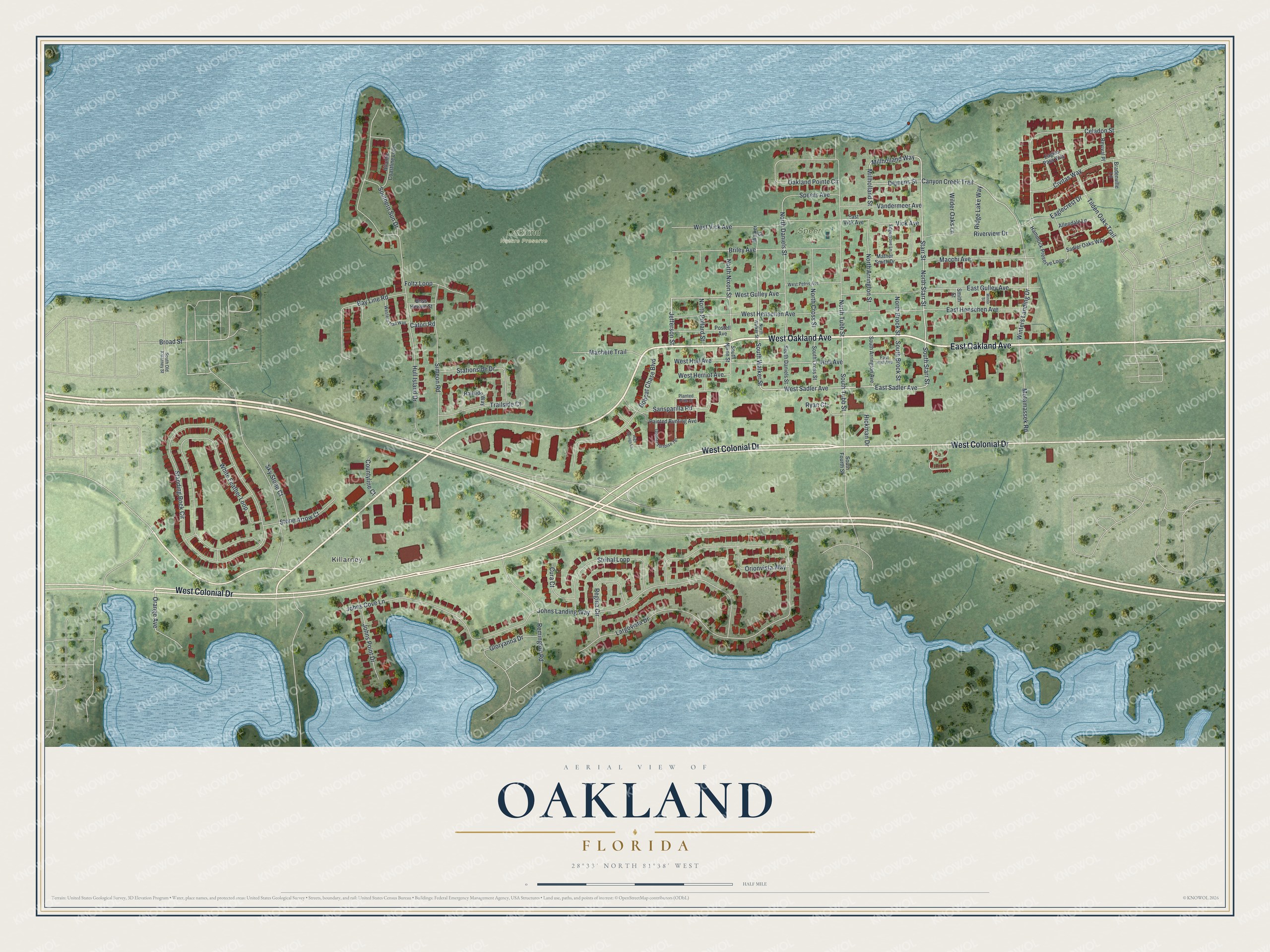 Map of Oakland, Florida, with Oakland Avenue, Colonial Drive, Starr Street and Speer Park