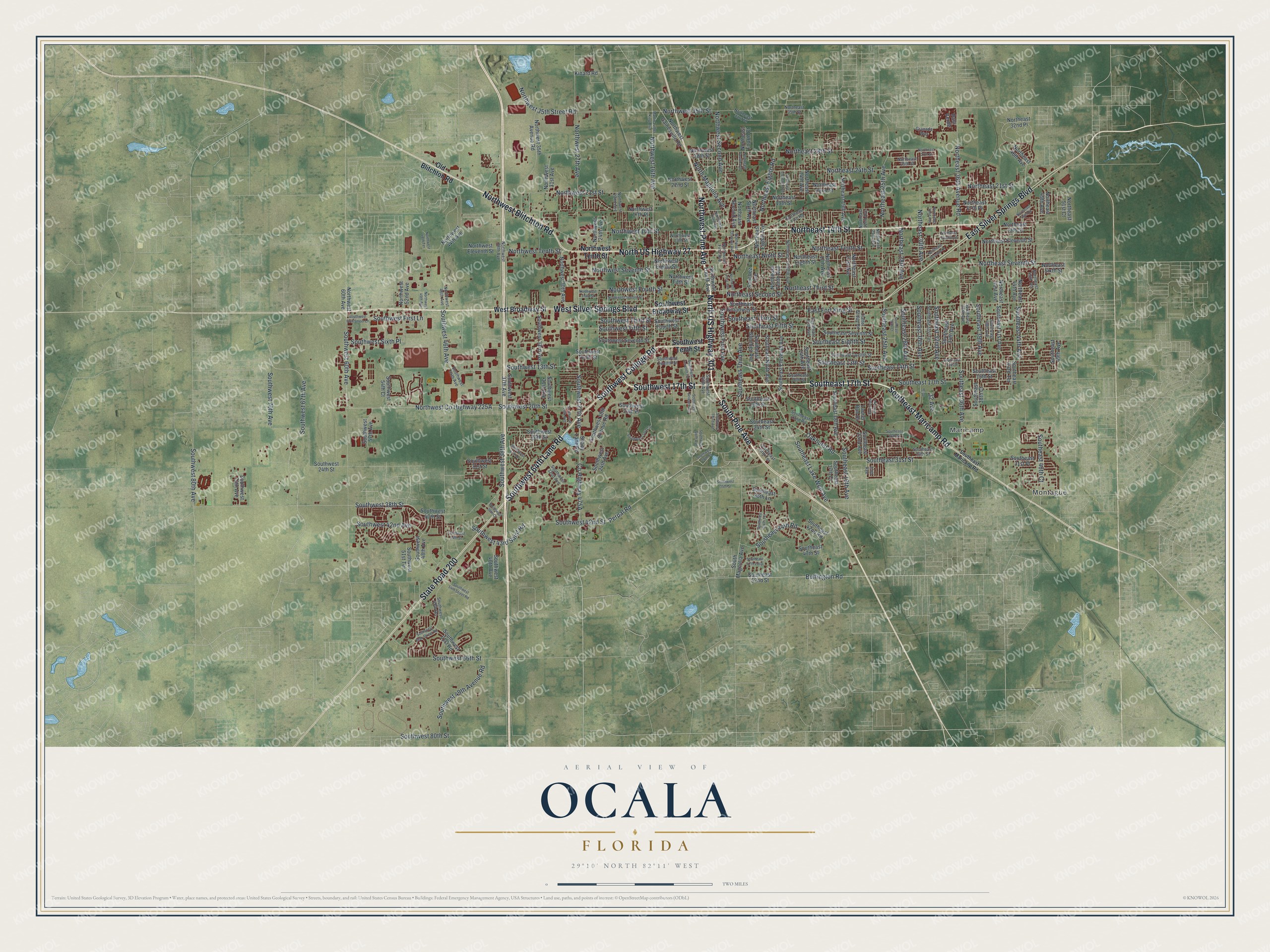 Map of Ocala, Florida, with College Road, Silver Springs Boulevard, Pine Avenue and Maricamp Road