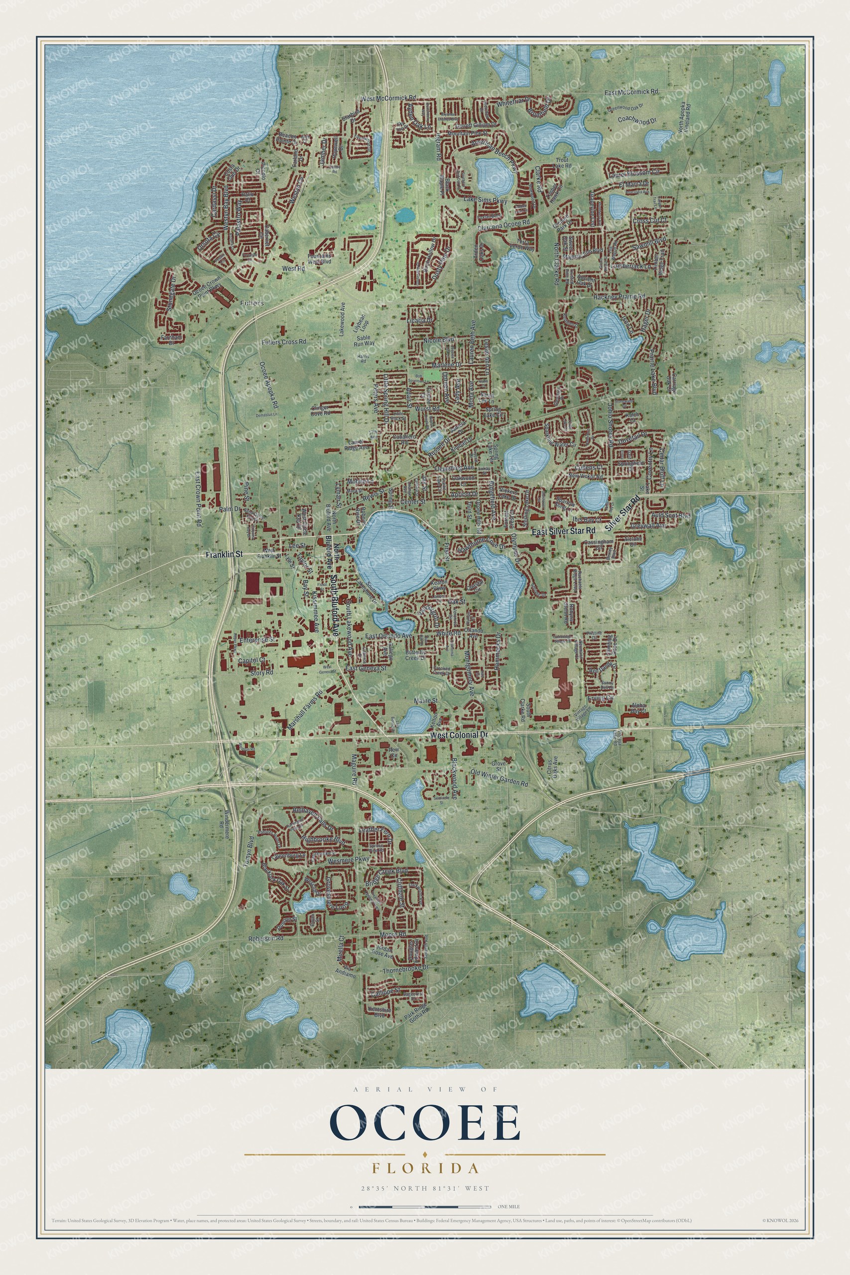 Map of Ocoee, Florida, with Silver Star Road, Bluford Avenue, Franklin Street and Old Winter Garden Road