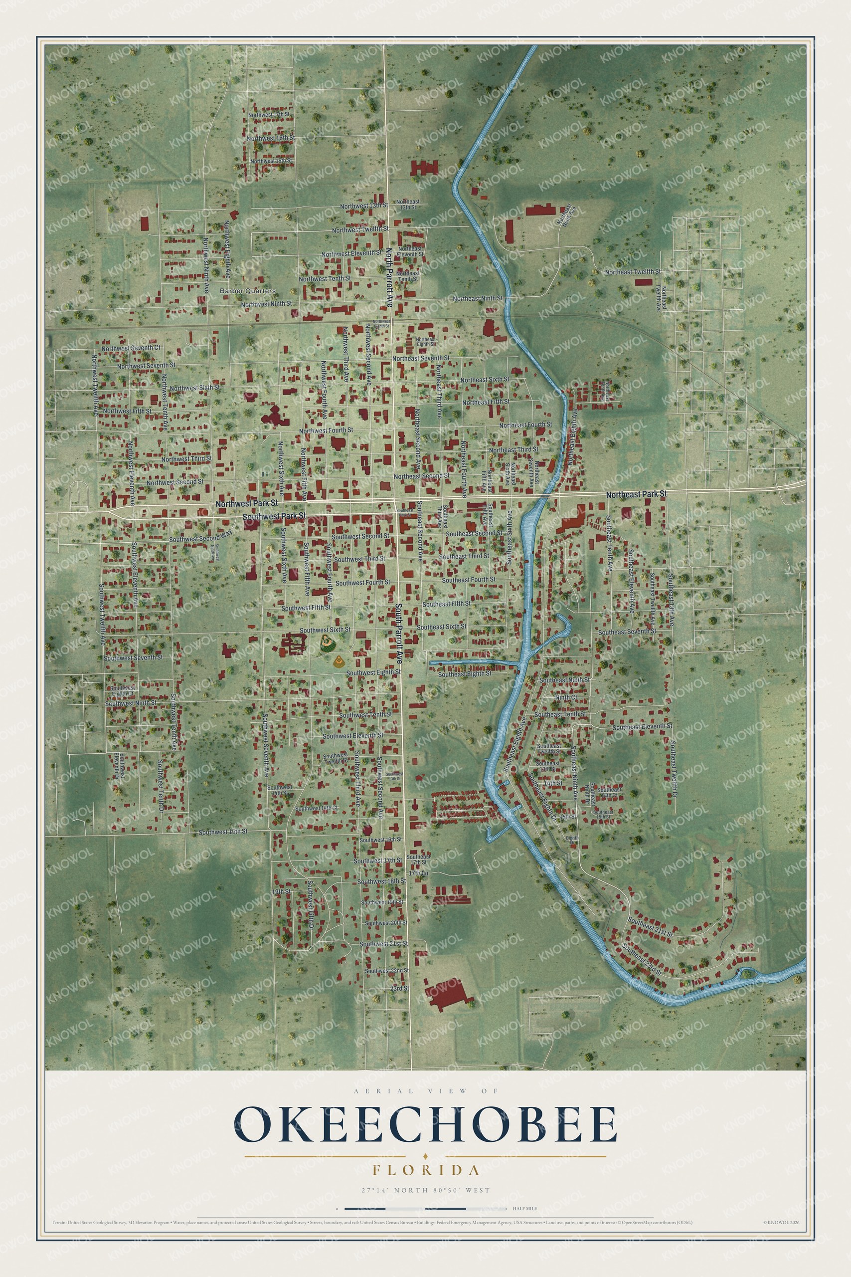 Map of Okeechobee, Florida, with Park Street, Parrott Avenue, Ninth Avenue and Barber Quarters