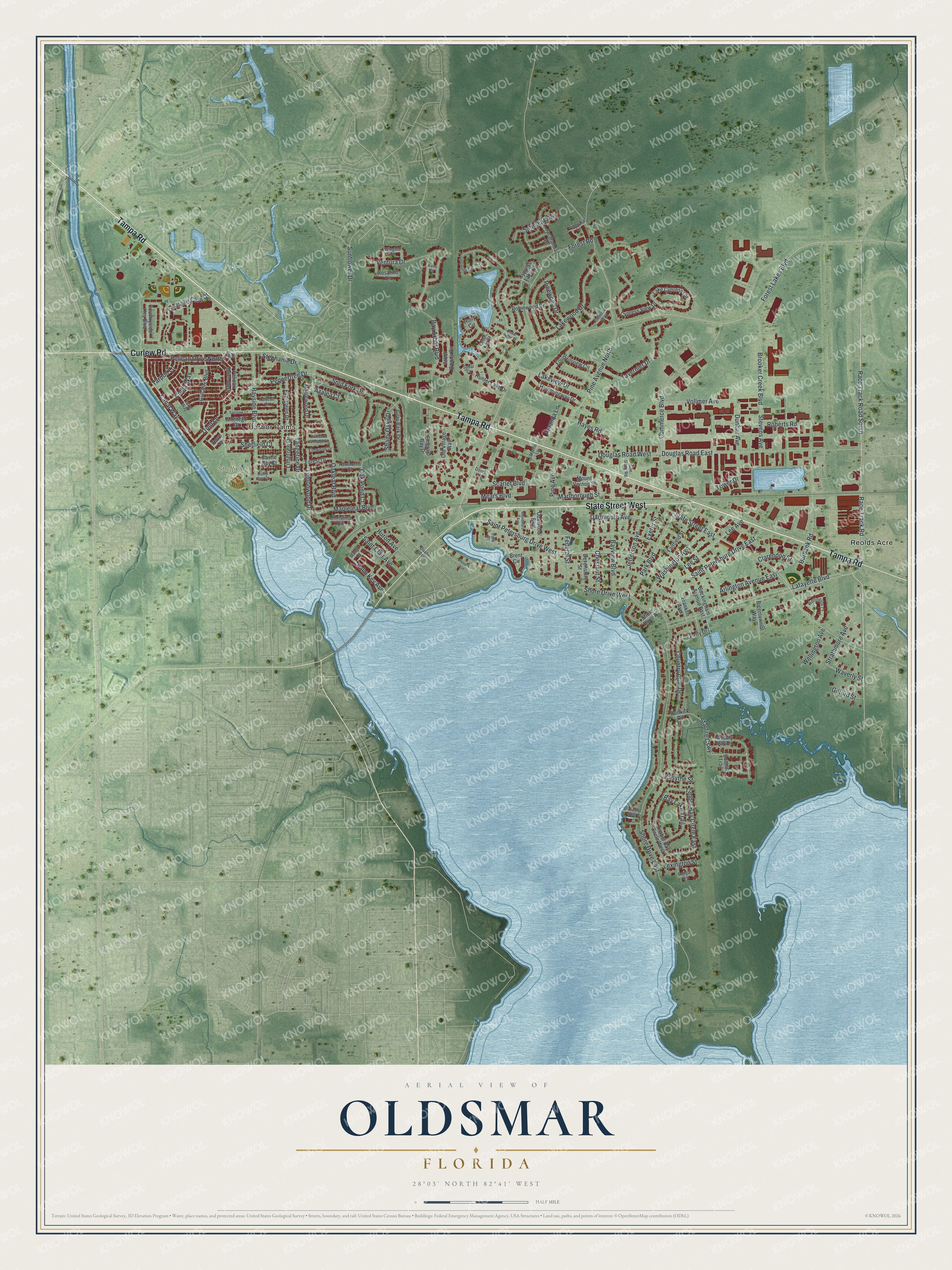 Map of Oldsmar, Florida, with Tampa Road, Race Track Road, Forest Lakes Boulevard and Sheffield Park