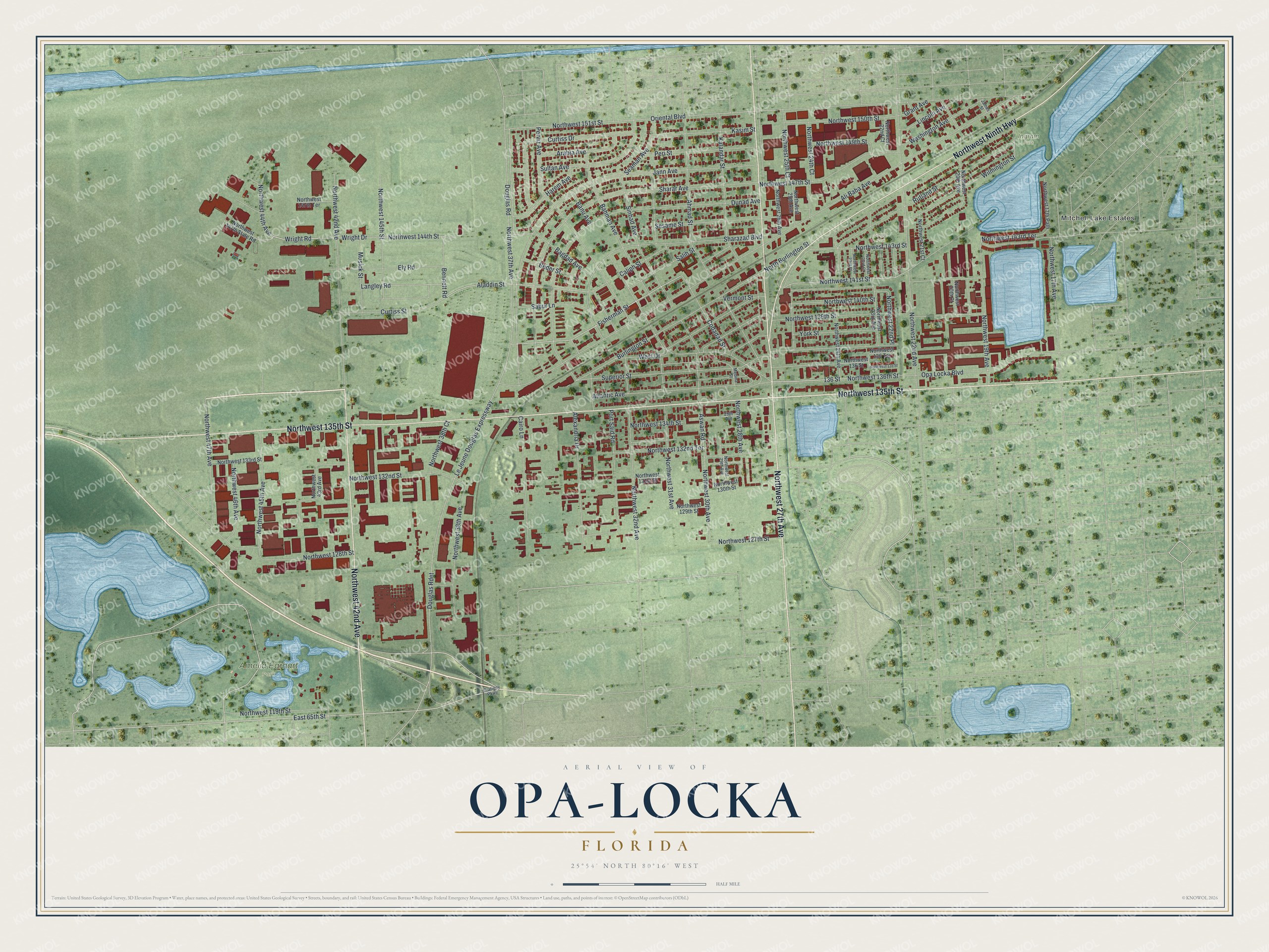 Map of Opa-locka, Florida, with Sharazad Boulevard, Ali Baba Avenue, Fisherman Street and Amelia Earhart Park
