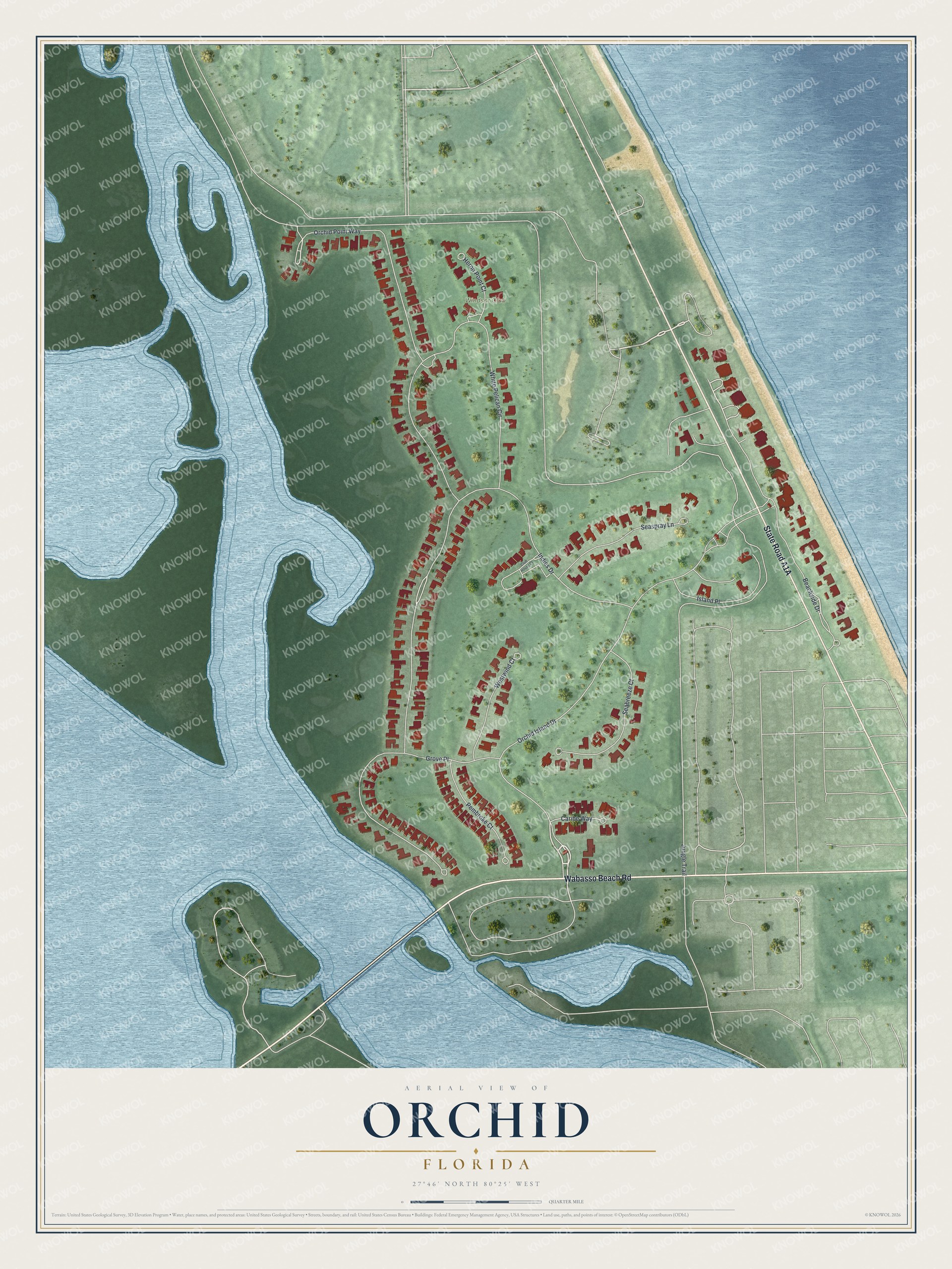Map of Orchid, Florida, with Wabasso Beach Road, Jungle Trail, Orchid Island Drive and the Windsor Club