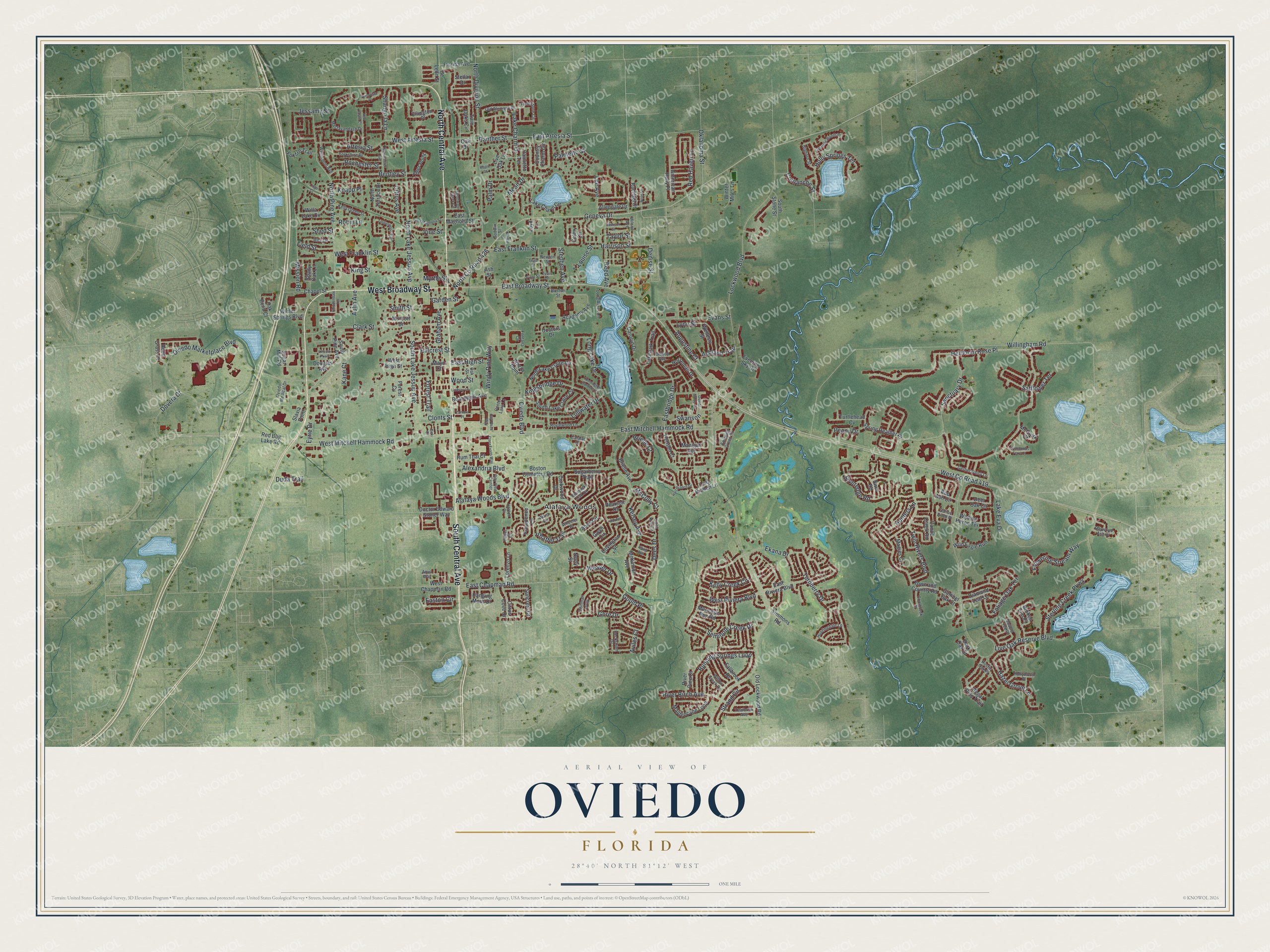 Map of Oviedo, Florida, with Broadway Street and Mitchell Hammock Road