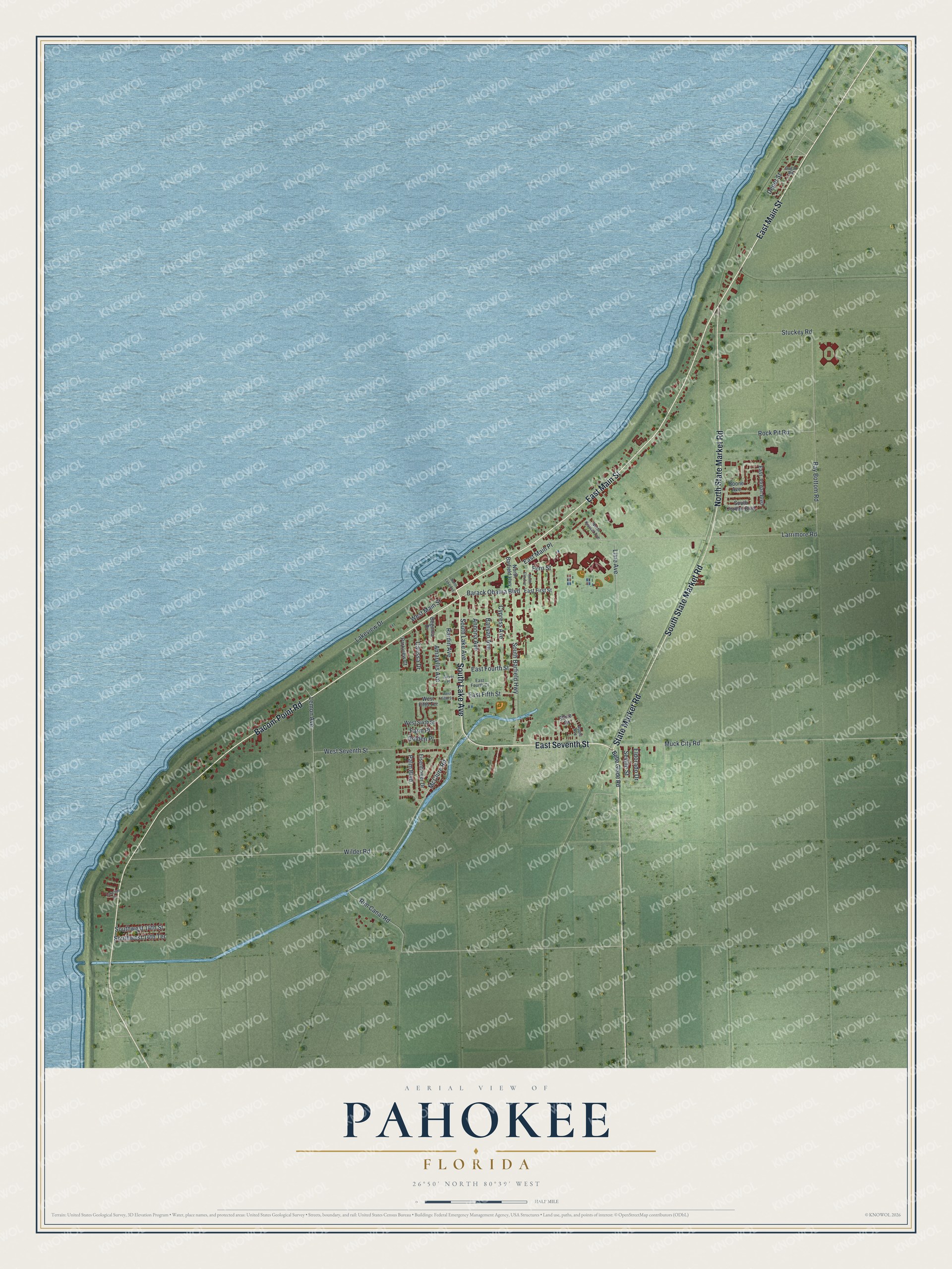 Map of Pahokee, Florida, with Main Street and Bacom Point Road