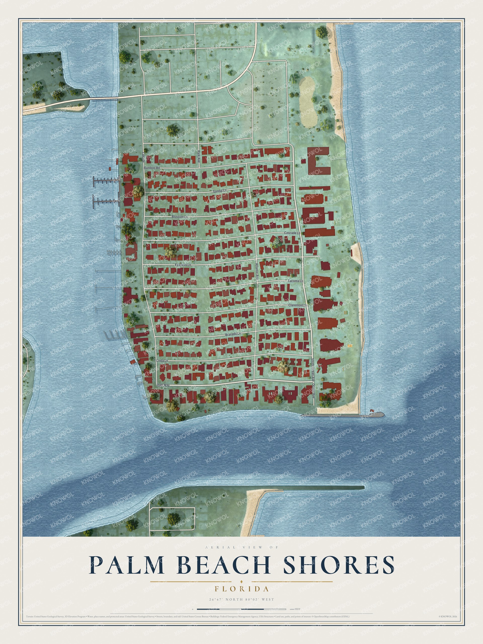 Map of Palm Beach Shores, Florida, with Ocean Avenue and Inlet Way