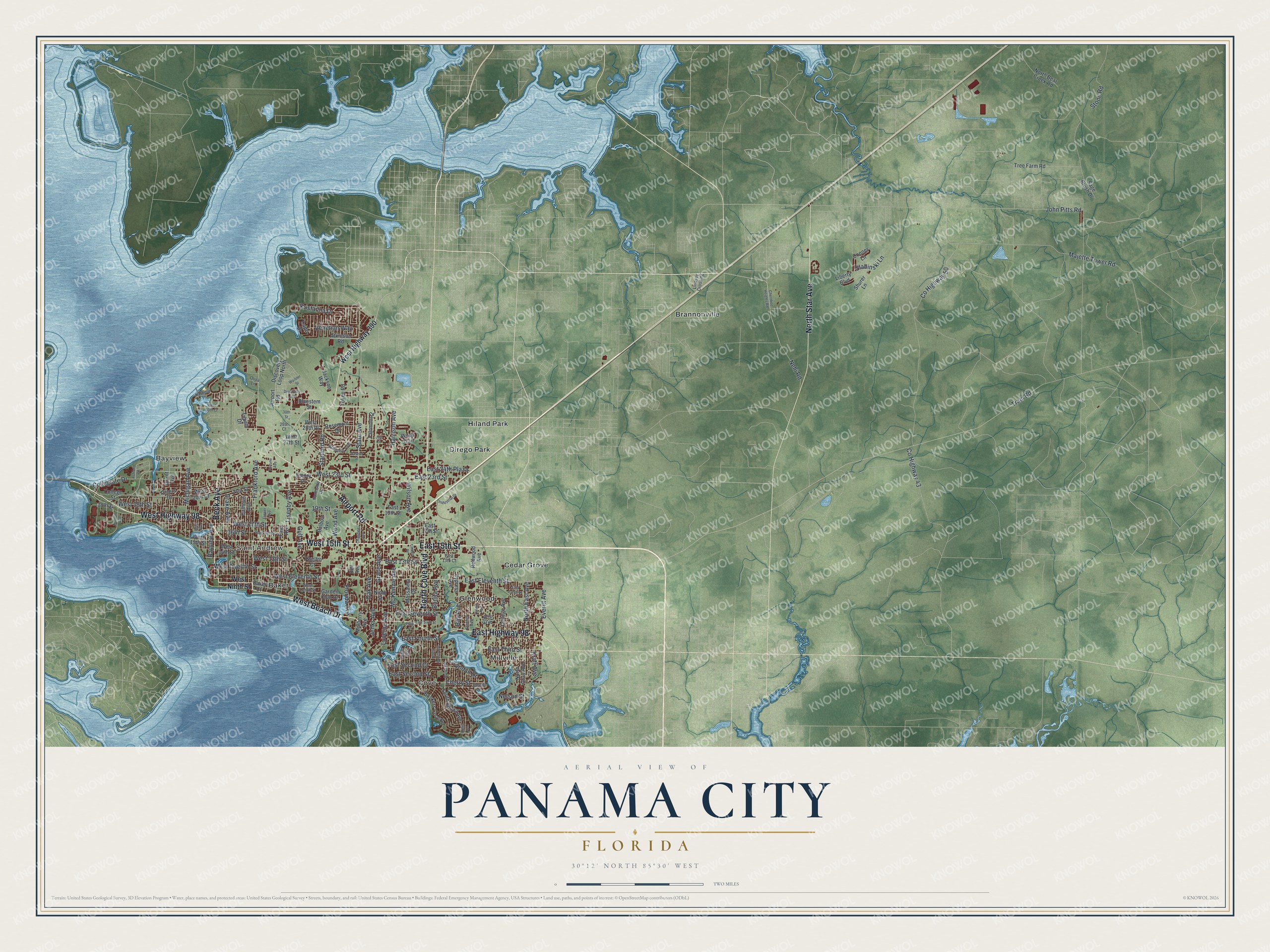 Map of Panama City, Florida, with Harrison Avenue, Beck Avenue, Millville and Saint Andrew