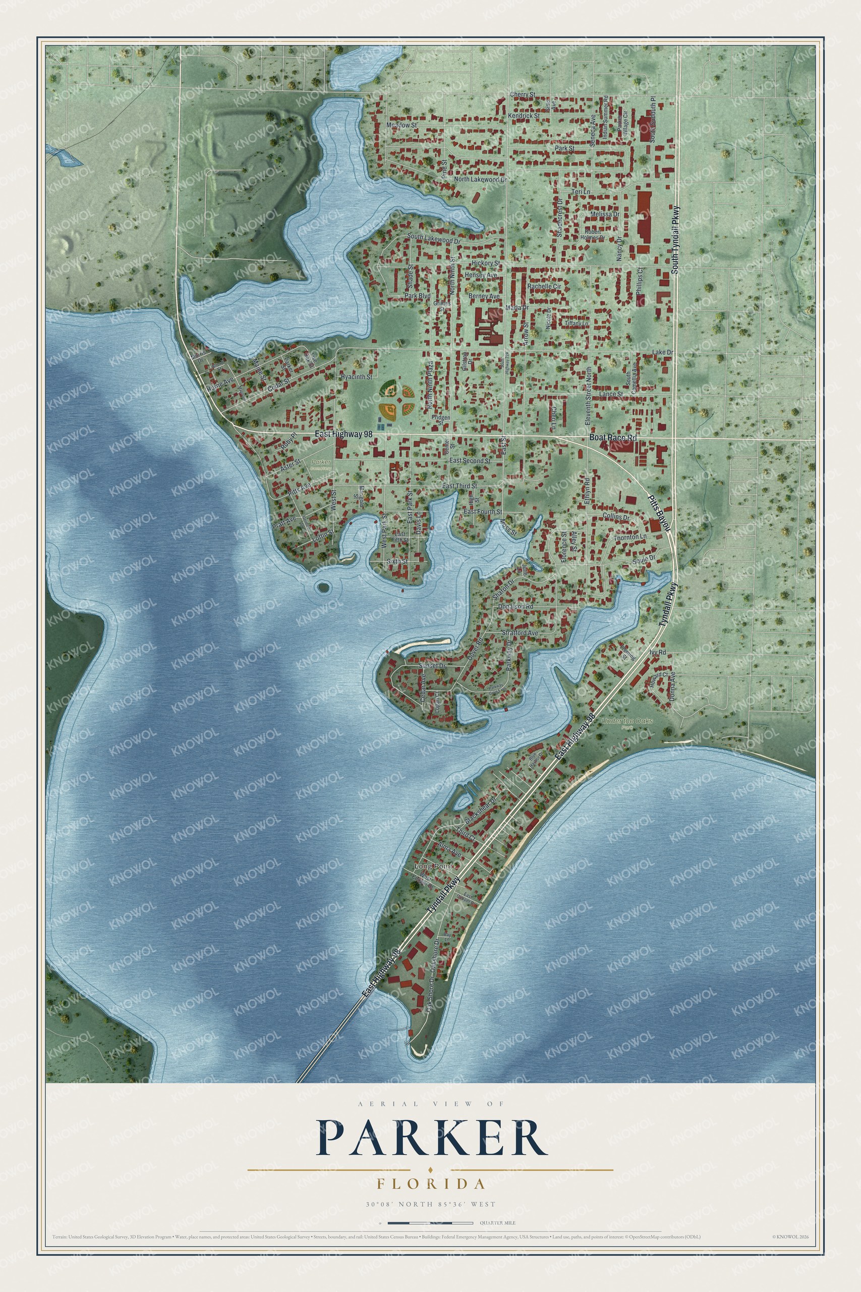 Map of Parker, Florida, with Tyndall Parkway, Boat Race Road, Under the Oaks Park and Long Point