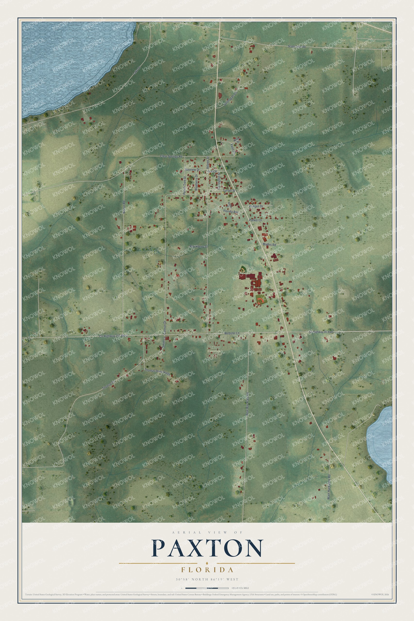 Map of Paxton, Florida, with State Line Road, Webster Lane, Bear Bay Flats Road and Paxton Cemetery