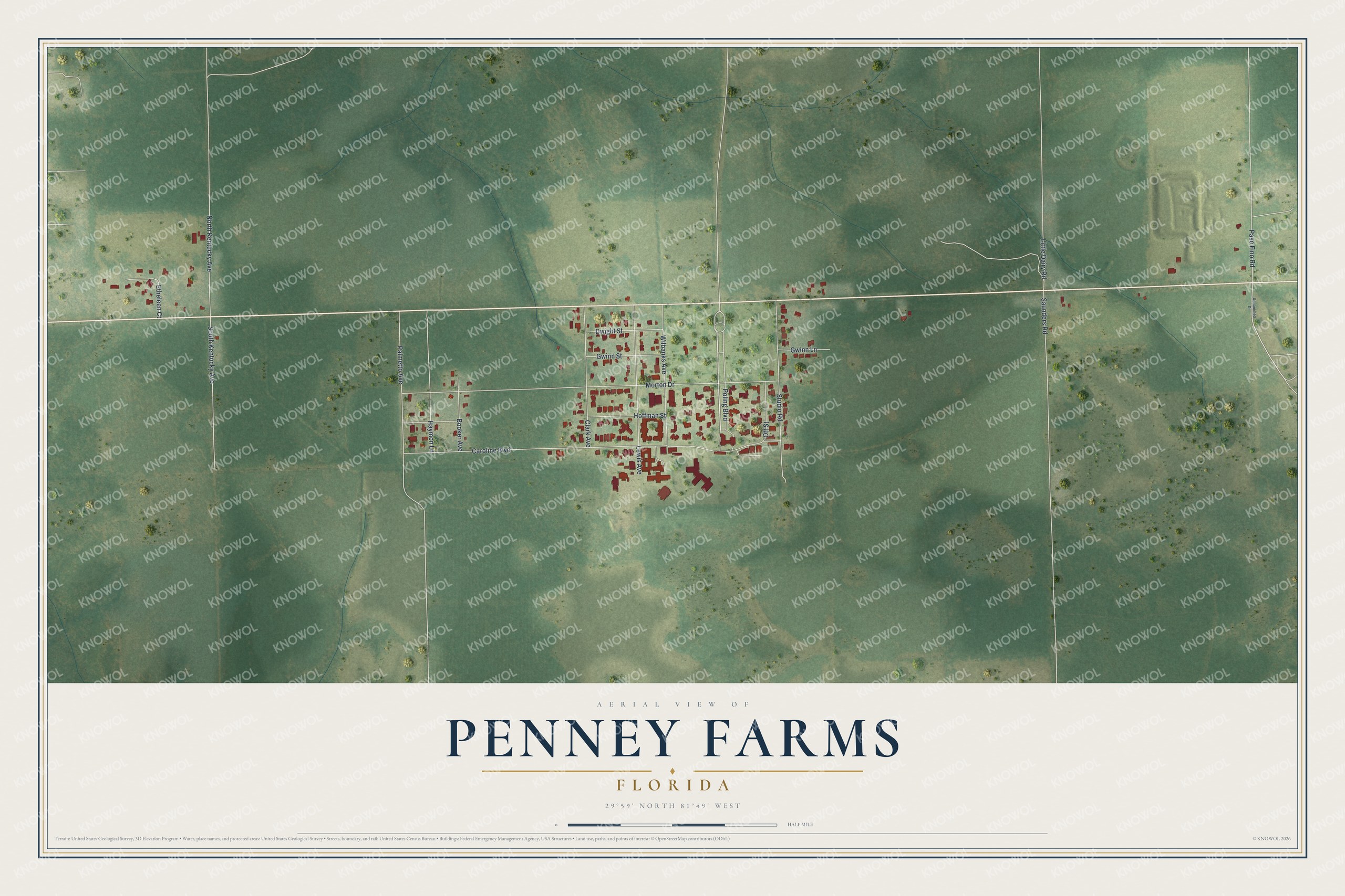 Map of Penney Farms, Florida, with Poling Boulevard, Caroline Boulevard and Gwinn Street
