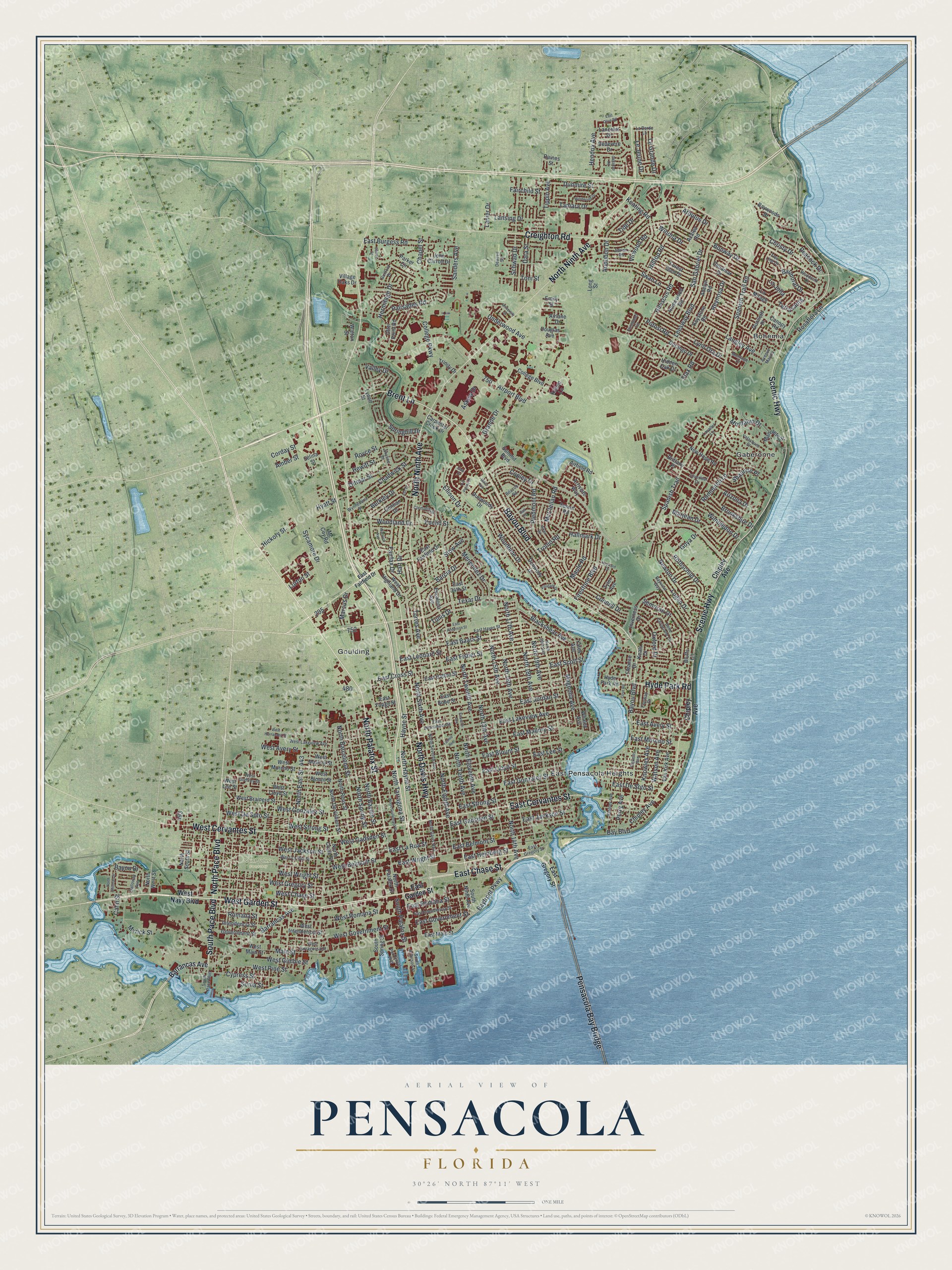Map of Pensacola, Florida, with Palafox Street, Garden Street, Bayfront Parkway and the Pensacola Bay Bridge