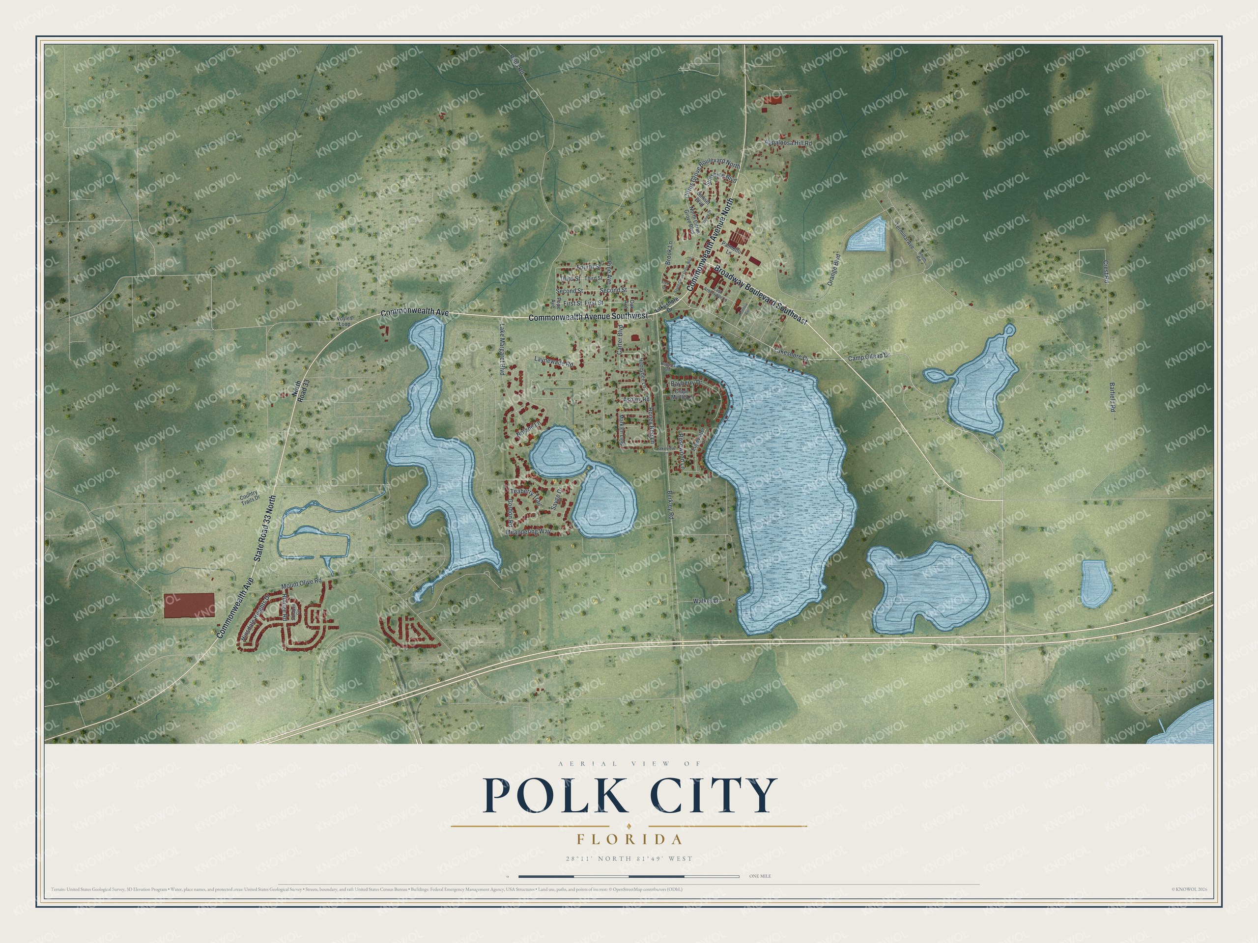 Map of Polk City, Florida, with Commonwealth Avenue, Broadway Boulevard and Lakeshore Drive