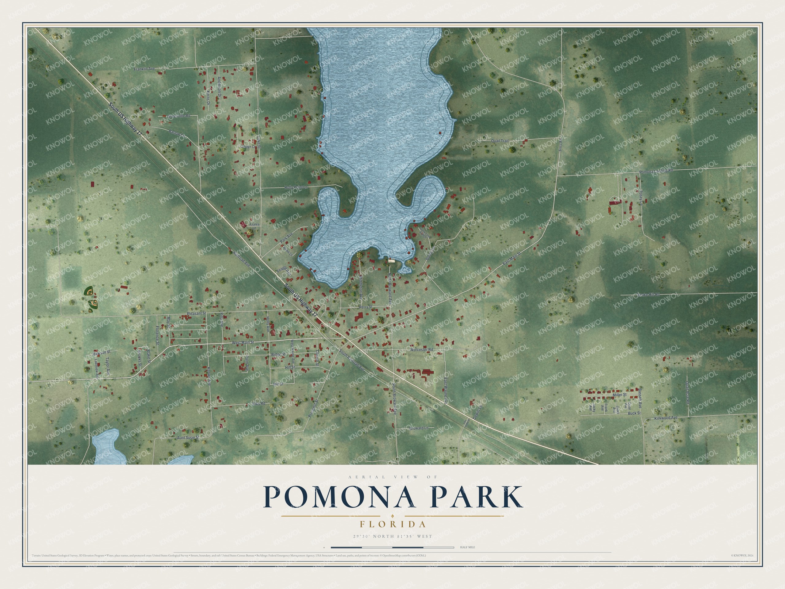 Map of Pomona Park, Florida, with Main Street, Middleton Avenue, Prospect Street and Railroad Avenue