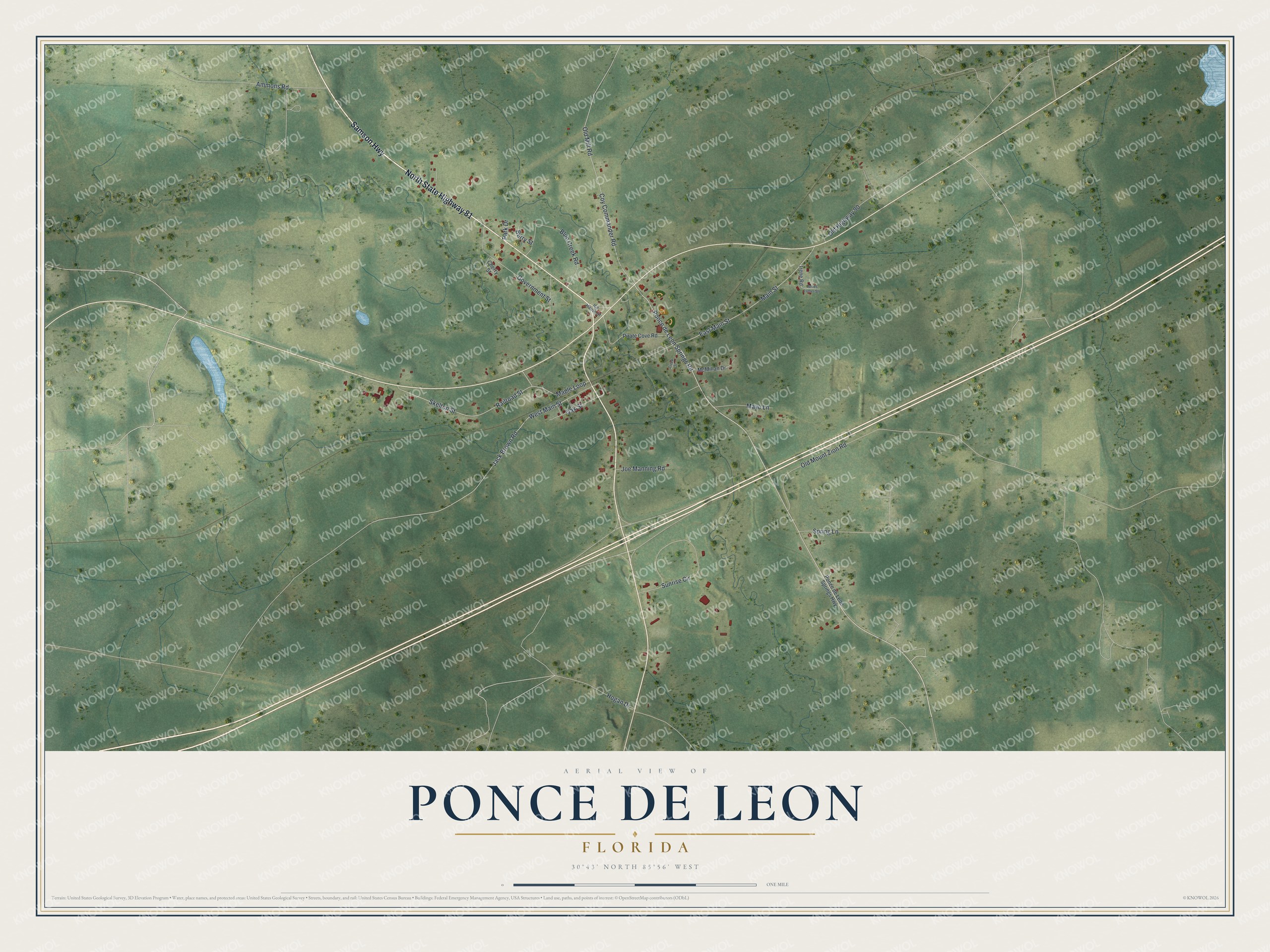 Map of Ponce de Leon, Florida, with Main Street, Samson Highway and Ponce de Leon Springs Road