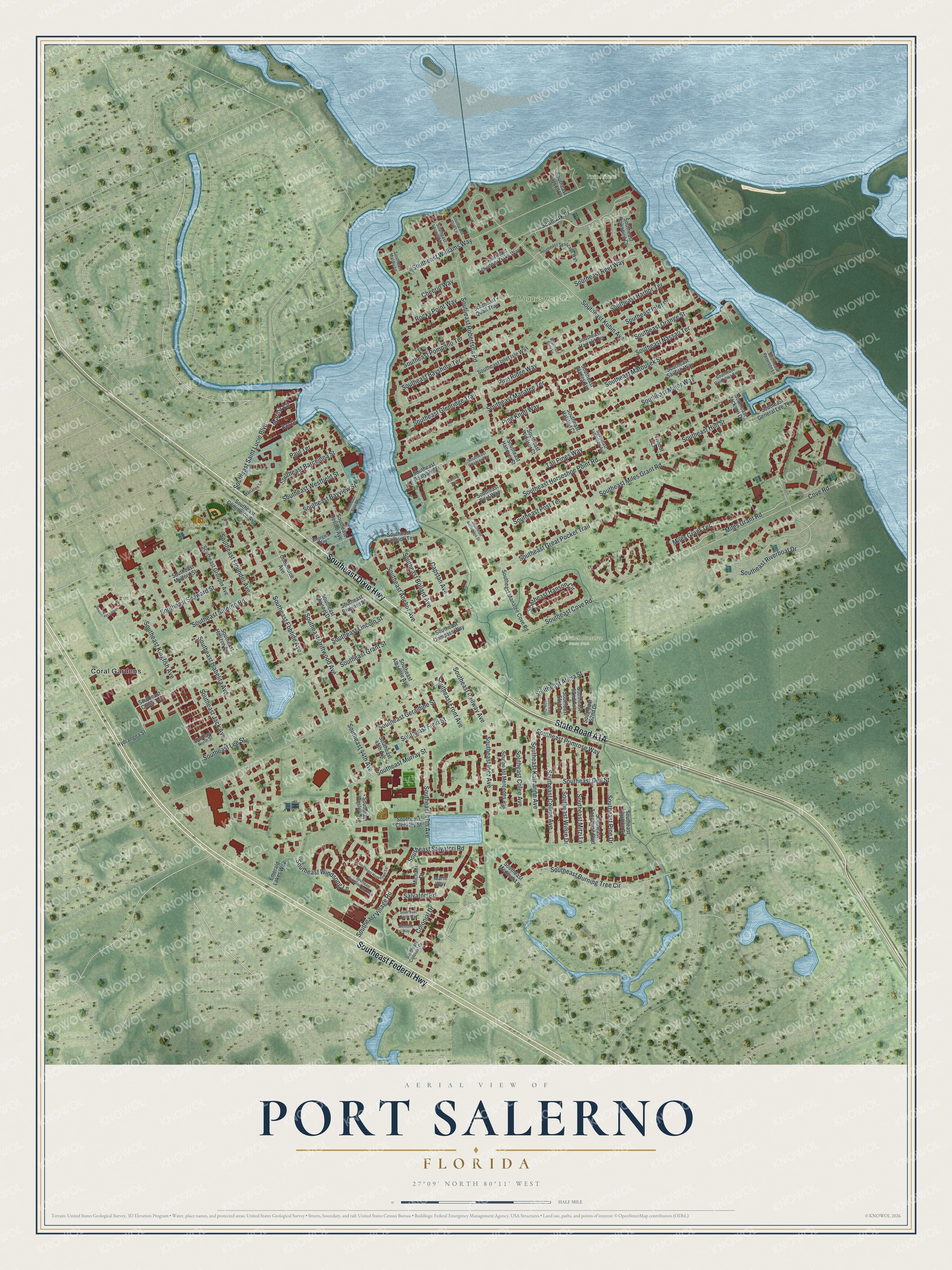Map of Port Salerno, Florida, with Federal Highway, Salerno Road and Seabranch Preserve State Park