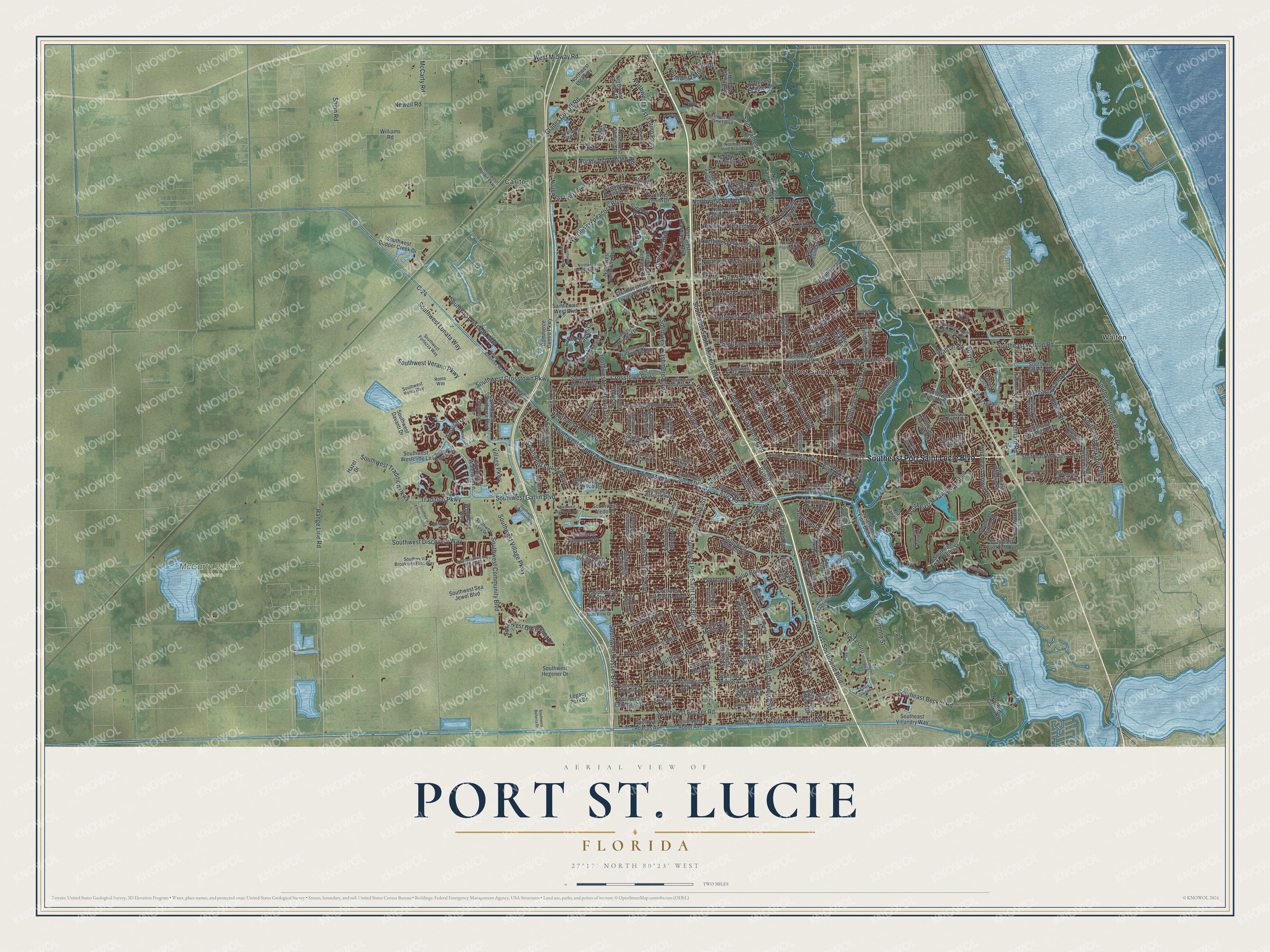 Map of Port St. Lucie, Florida, with Port Saint Lucie Boulevard, Crosstown Parkway and Prima Vista Boulevard