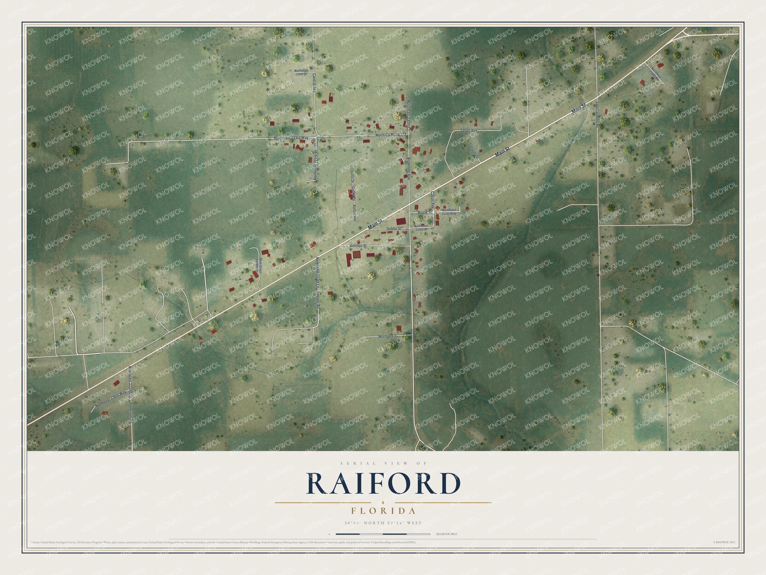Map of Raiford, Florida, with Main Street, Reeves Road, Brook Street and Cason Avenue