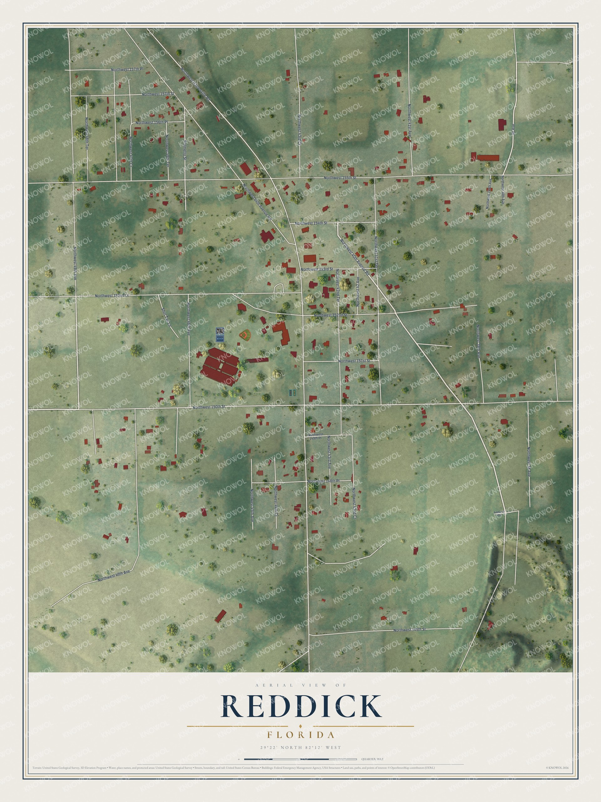 Map of Reddick, Florida, with Gainesville Road, Palmetto Street and Shirt Tail Lane