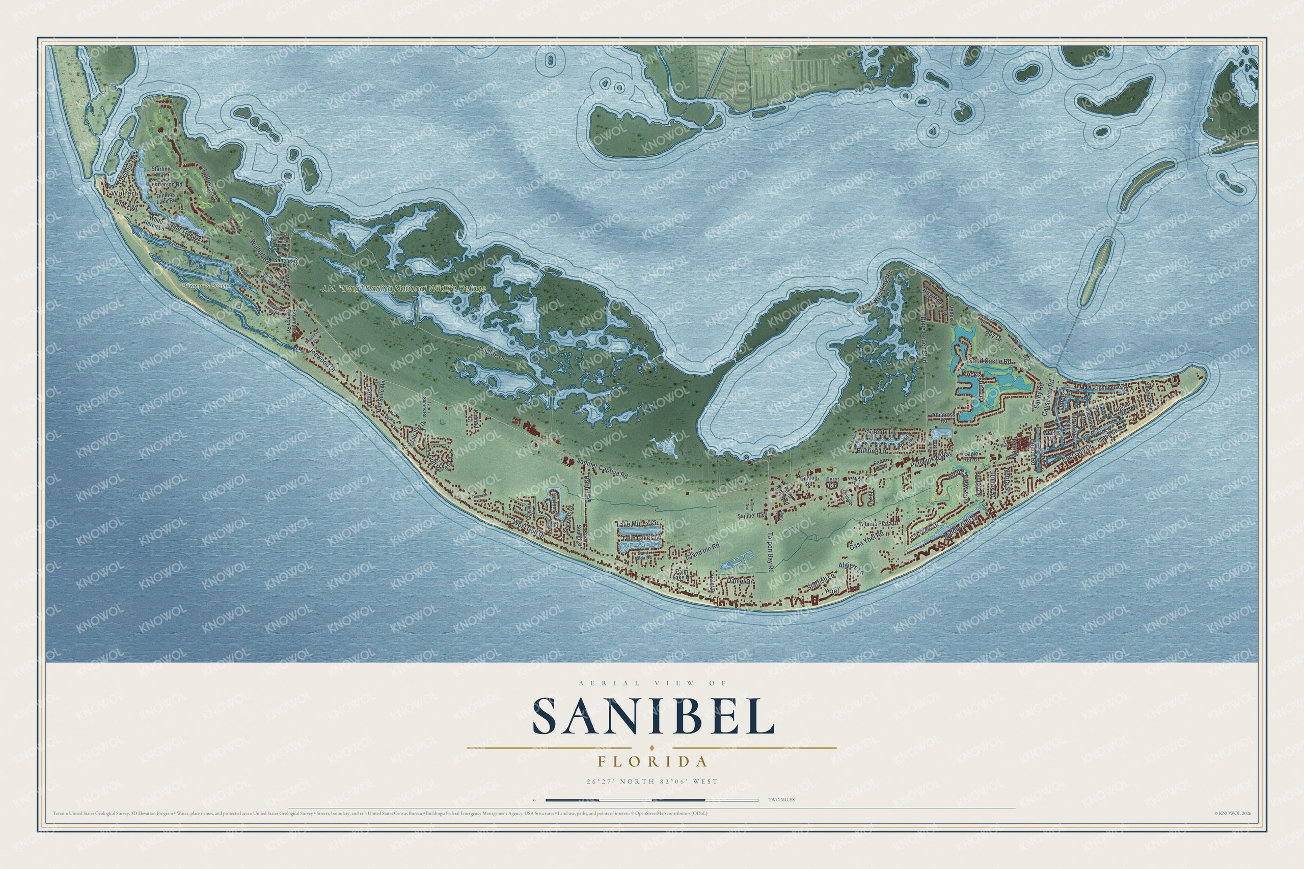 Map of Sanibel, Florida, with Periwinkle Way, Bowman's Beach and the J.N.