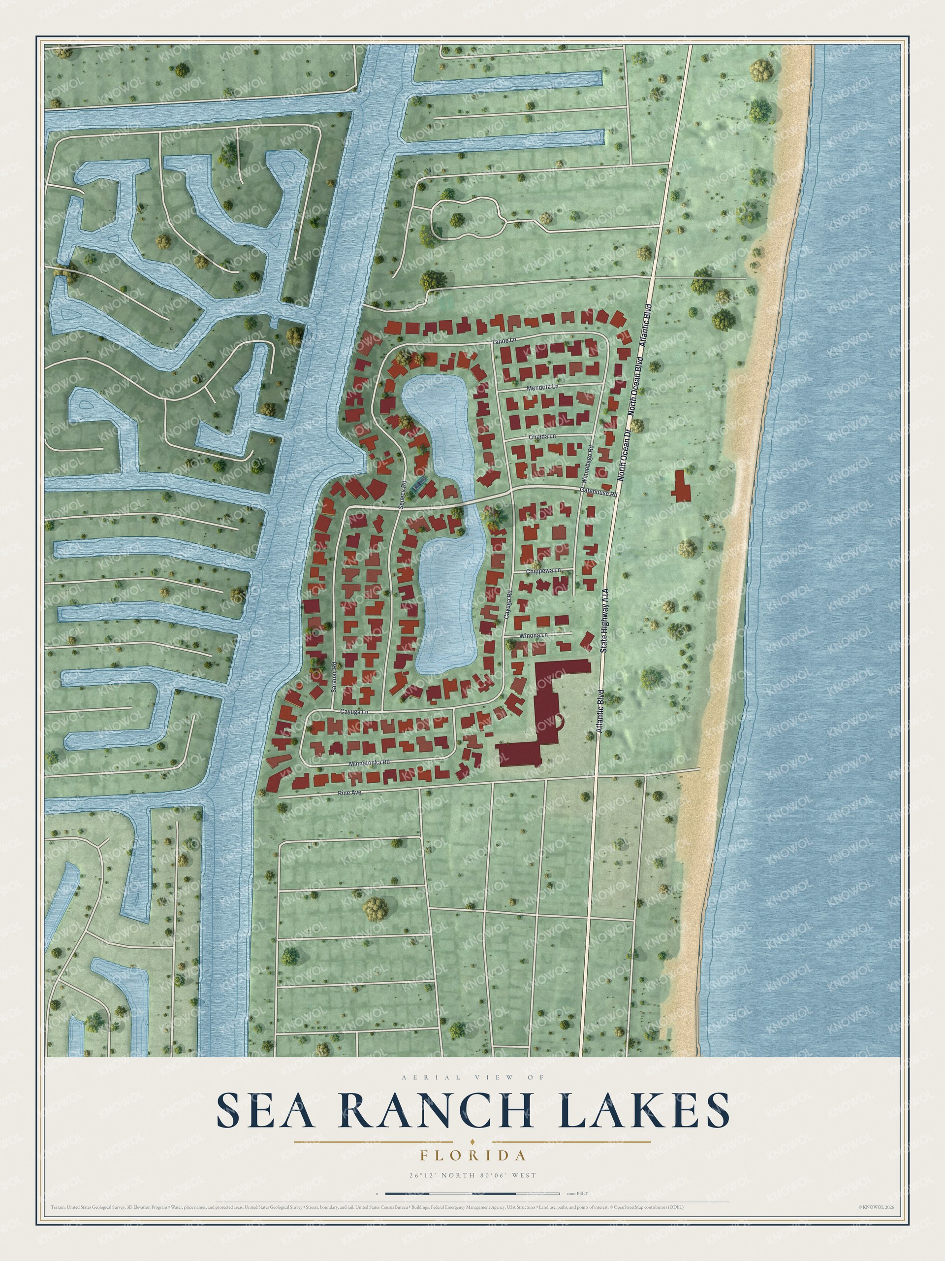 Map of Sea Ranch Lakes, Florida, with Ocean Boulevard, Gatehouse Road and Cayuga Road