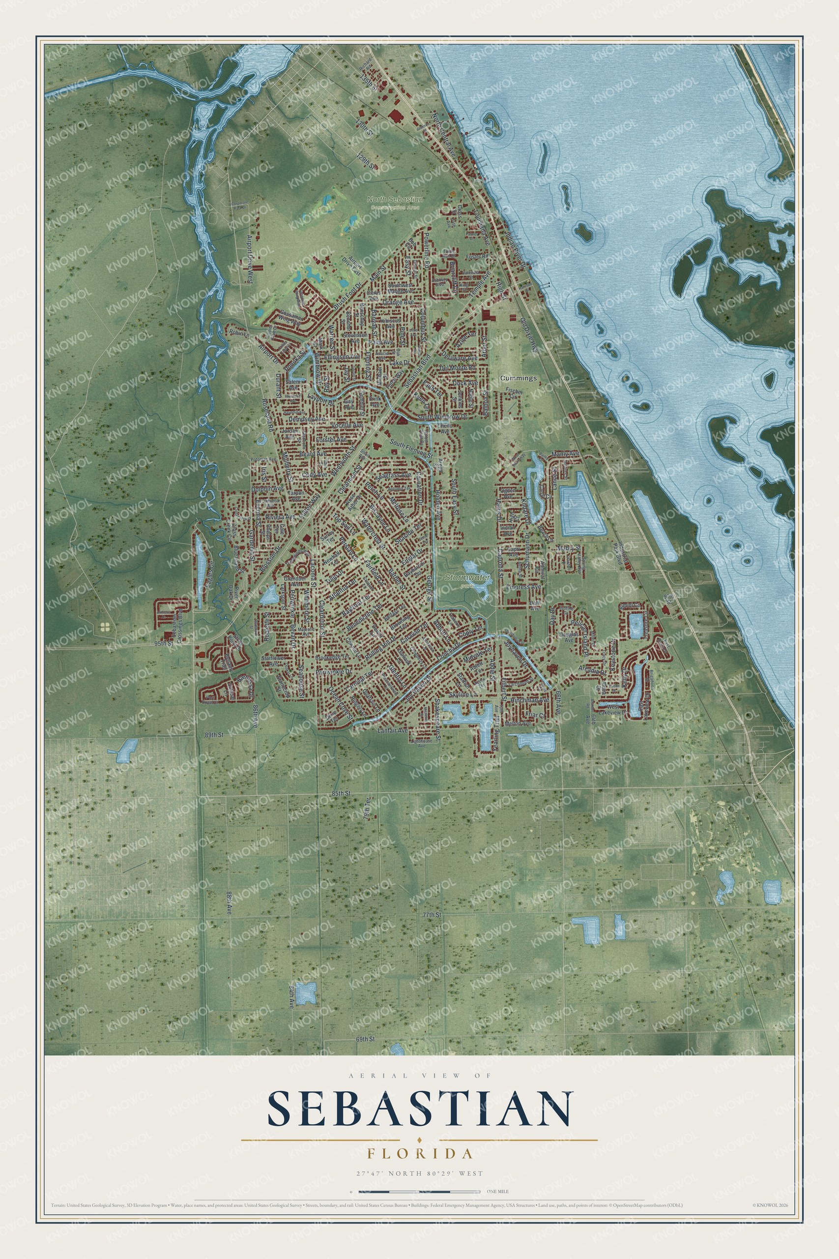 Map of Sebastian, Florida, with Indian River Drive and Sebastian Boulevard