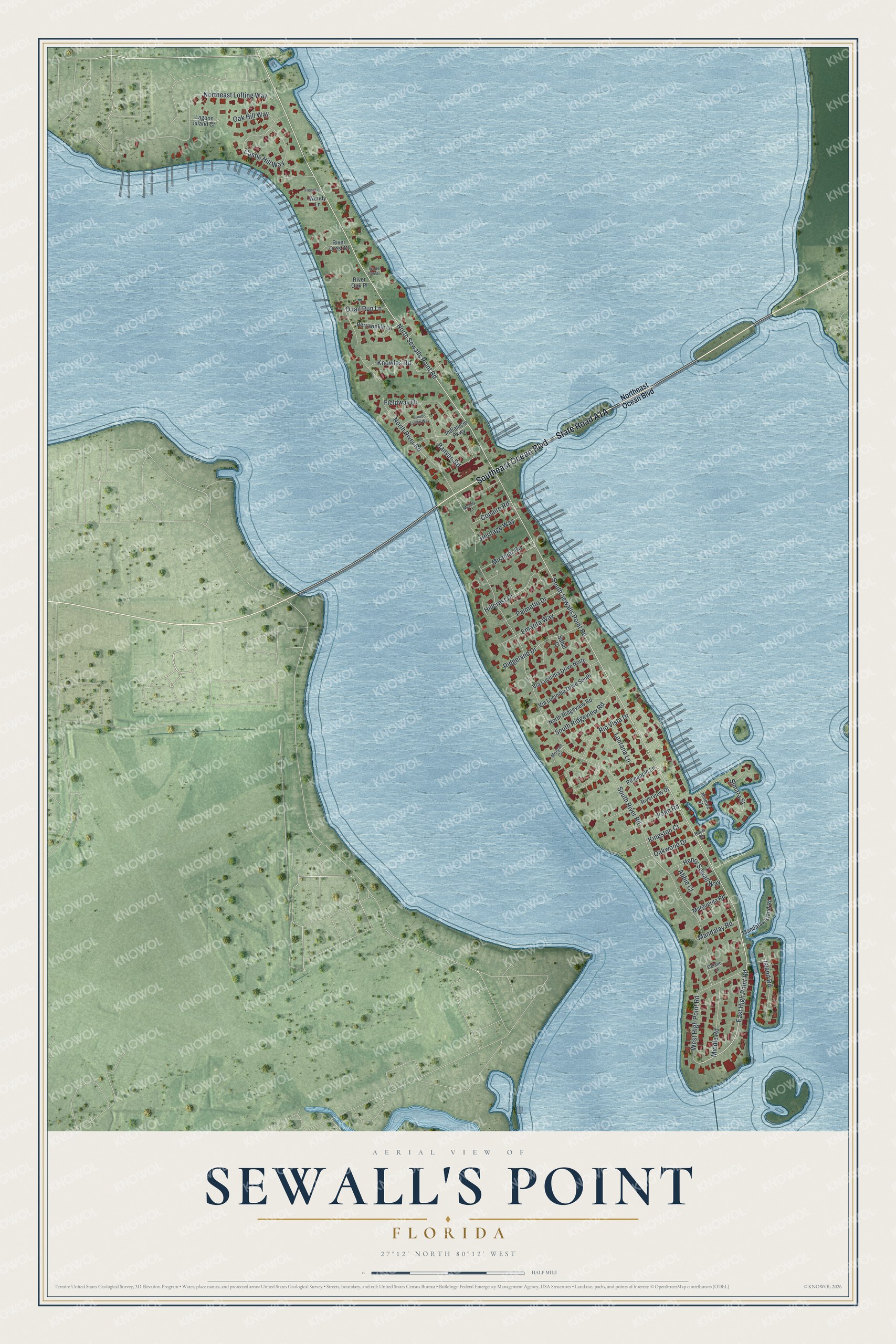 Map of Sewall's Point, Florida, with Sewalls Point Road, South River Road and Indialucie Parkway