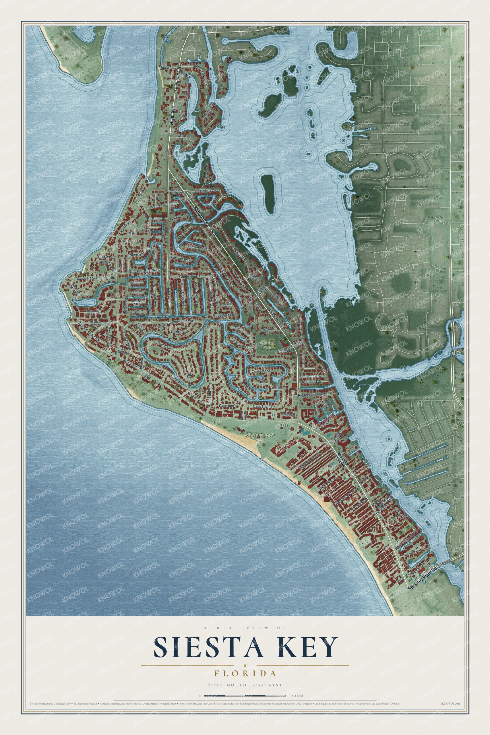 Map of Siesta Key, Florida, with Midnight Pass Road, Siesta Beach Park and Stickney Point Road