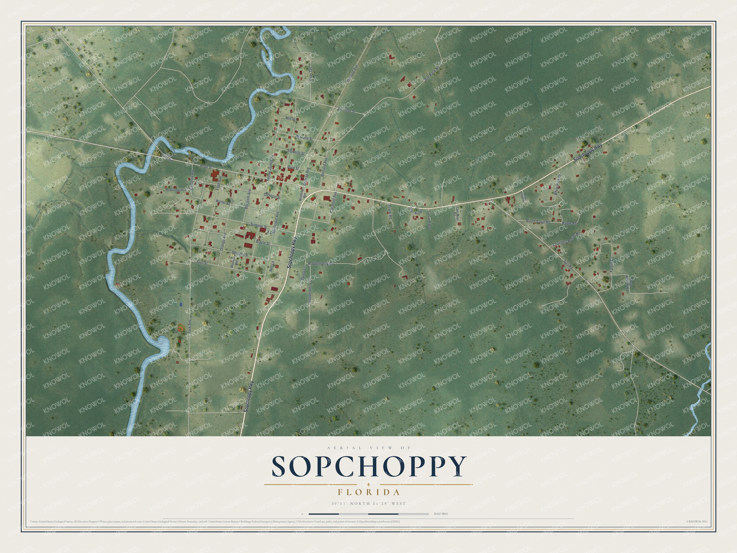 Map of Sopchoppy, Florida, with Sopchoppy Highway, Railroad Avenue and Municipal Avenue