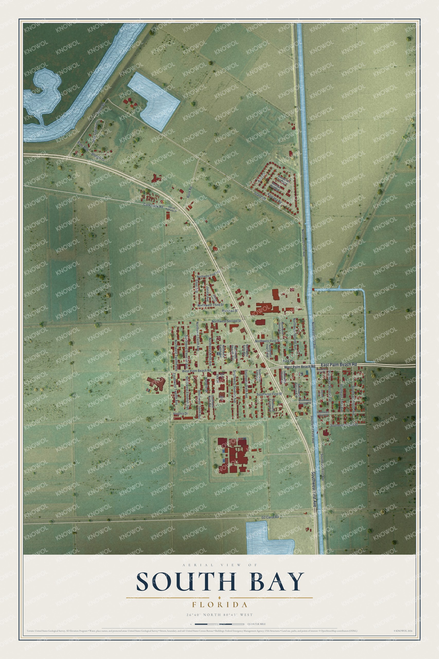 Map of South Bay, Florida, with Palm Beach Road, Levee Road and Tanner Park