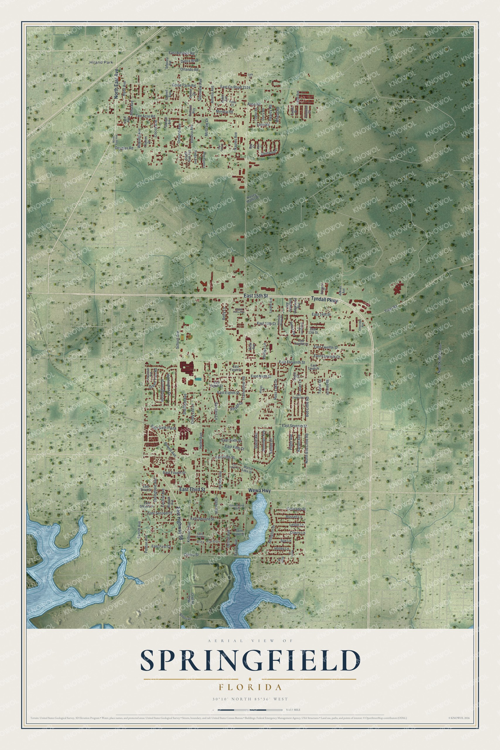 Map of Springfield, Florida, with Tyndall Parkway, Transmitter Road and Detroit Avenue
