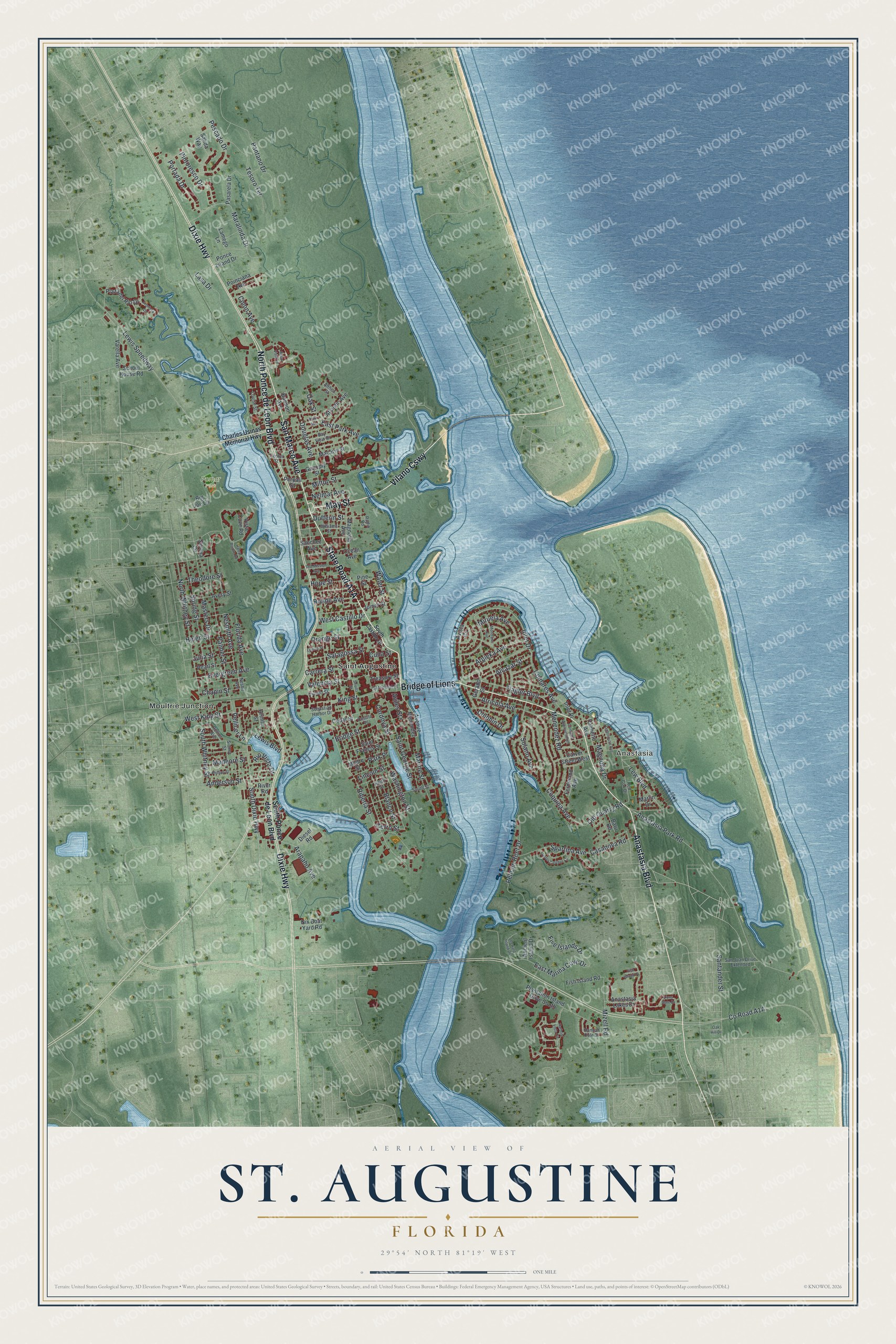 Map of St. Augustine, Florida, with the Bridge of Lions, King Street, San Marco Avenue and Anastasia Boulevard