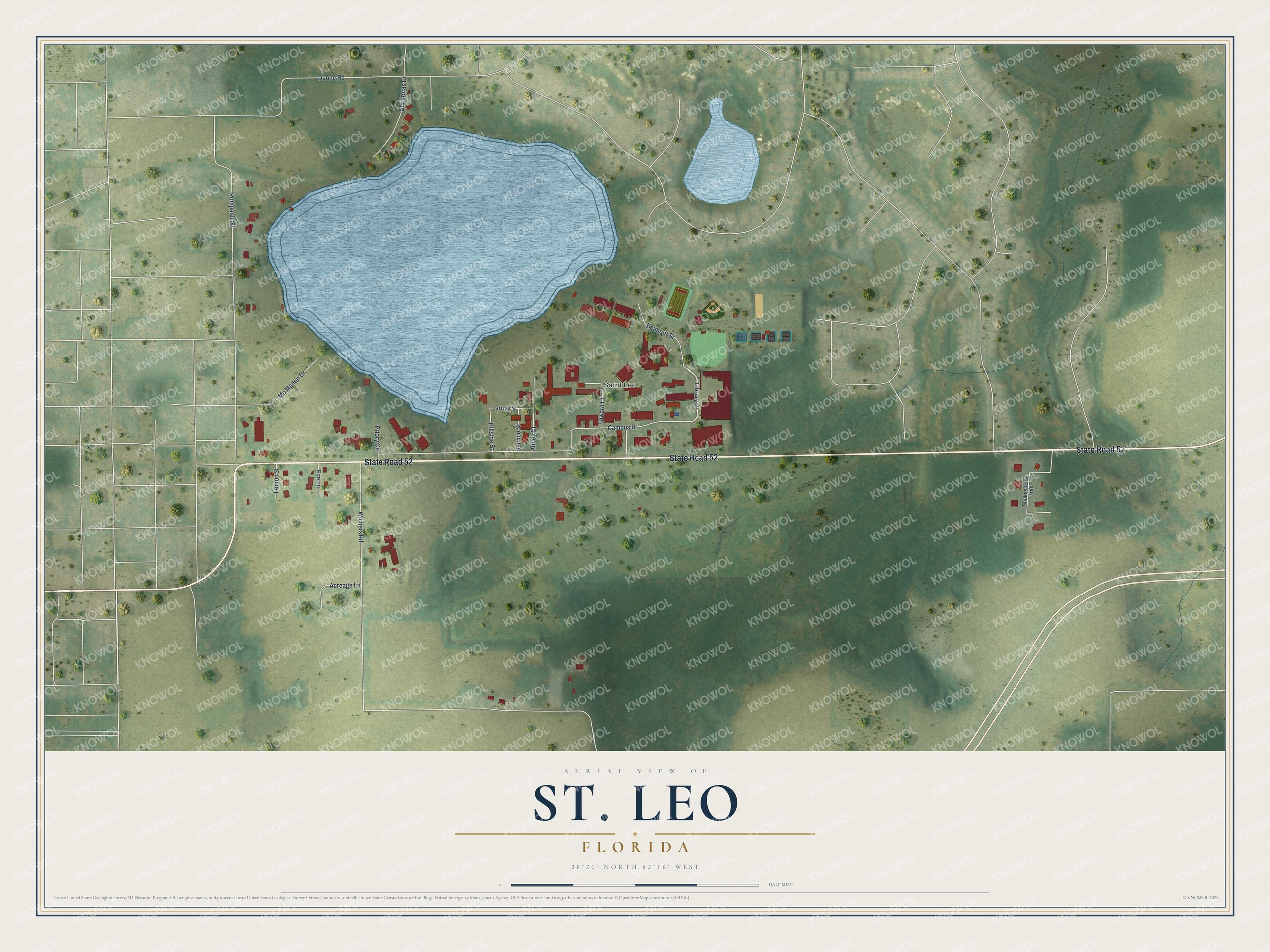 Map of St. Leo, Florida, with Library Drive, Campus Drive, Abbey Court and Wichers Road