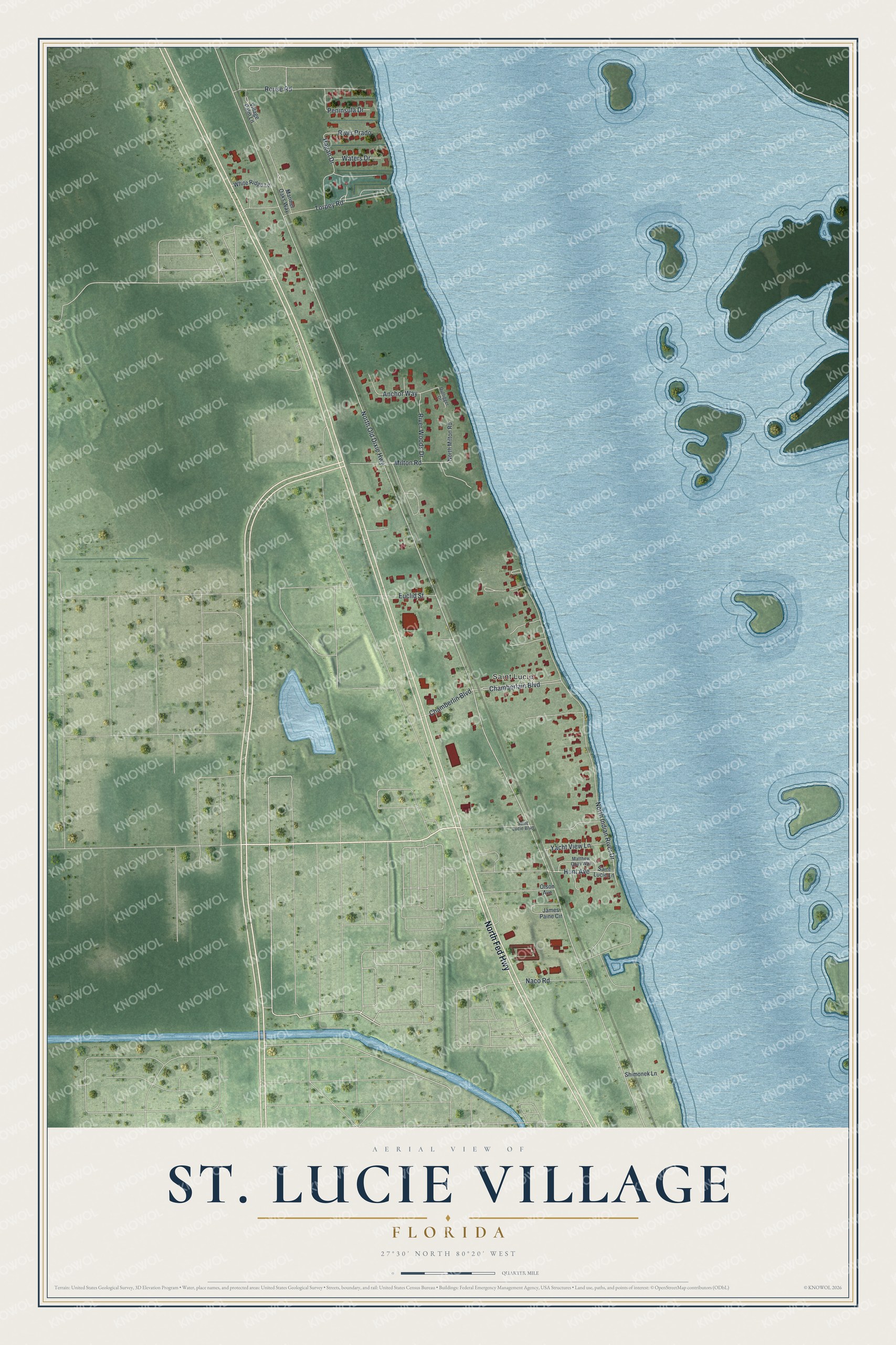 Map of St. Lucie Village, Florida, with North Indian River Drive, Old Dixie Highway and Chamberlin Boulevard