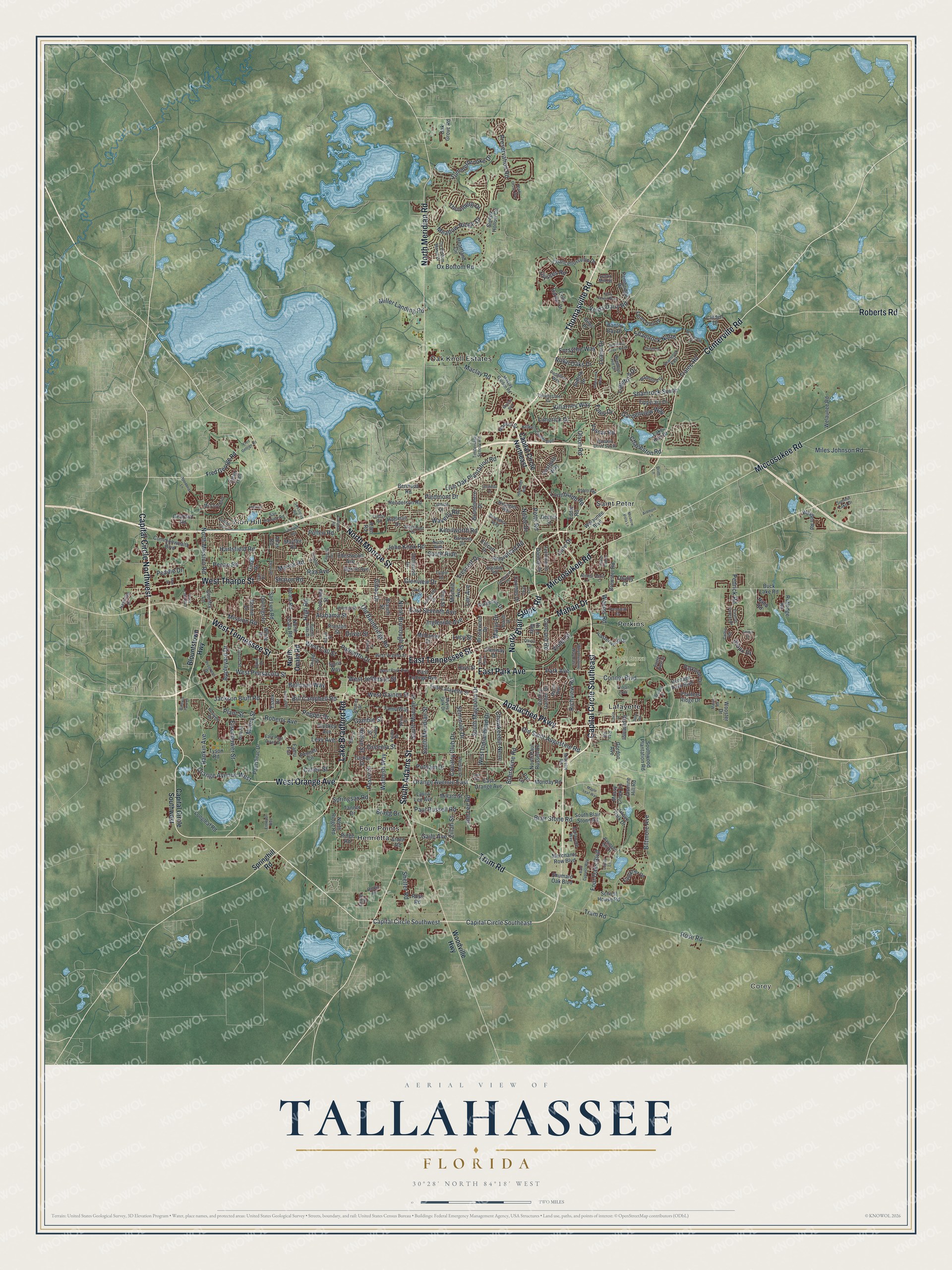Map of Tallahassee, Florida, with North Monroe Street, Apalachee Parkway and Capital Circle