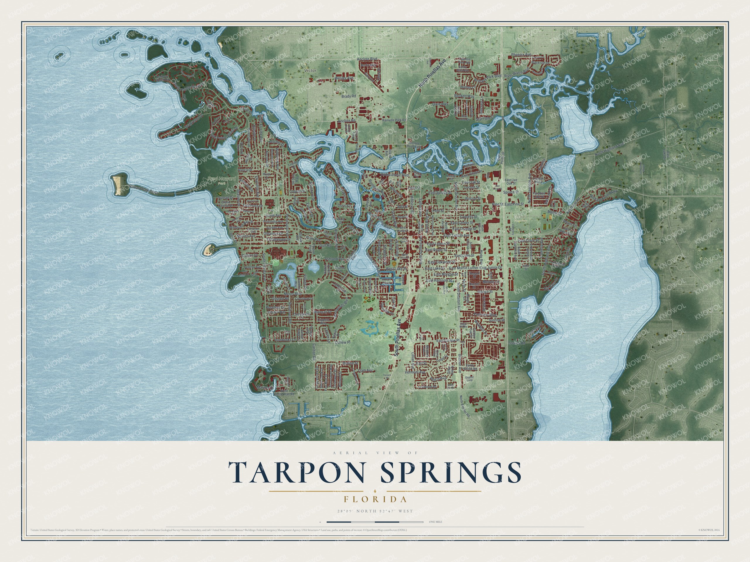 Detailed map of Tarpon Springs, Florida, showing streets, buildings, beaches, and parks